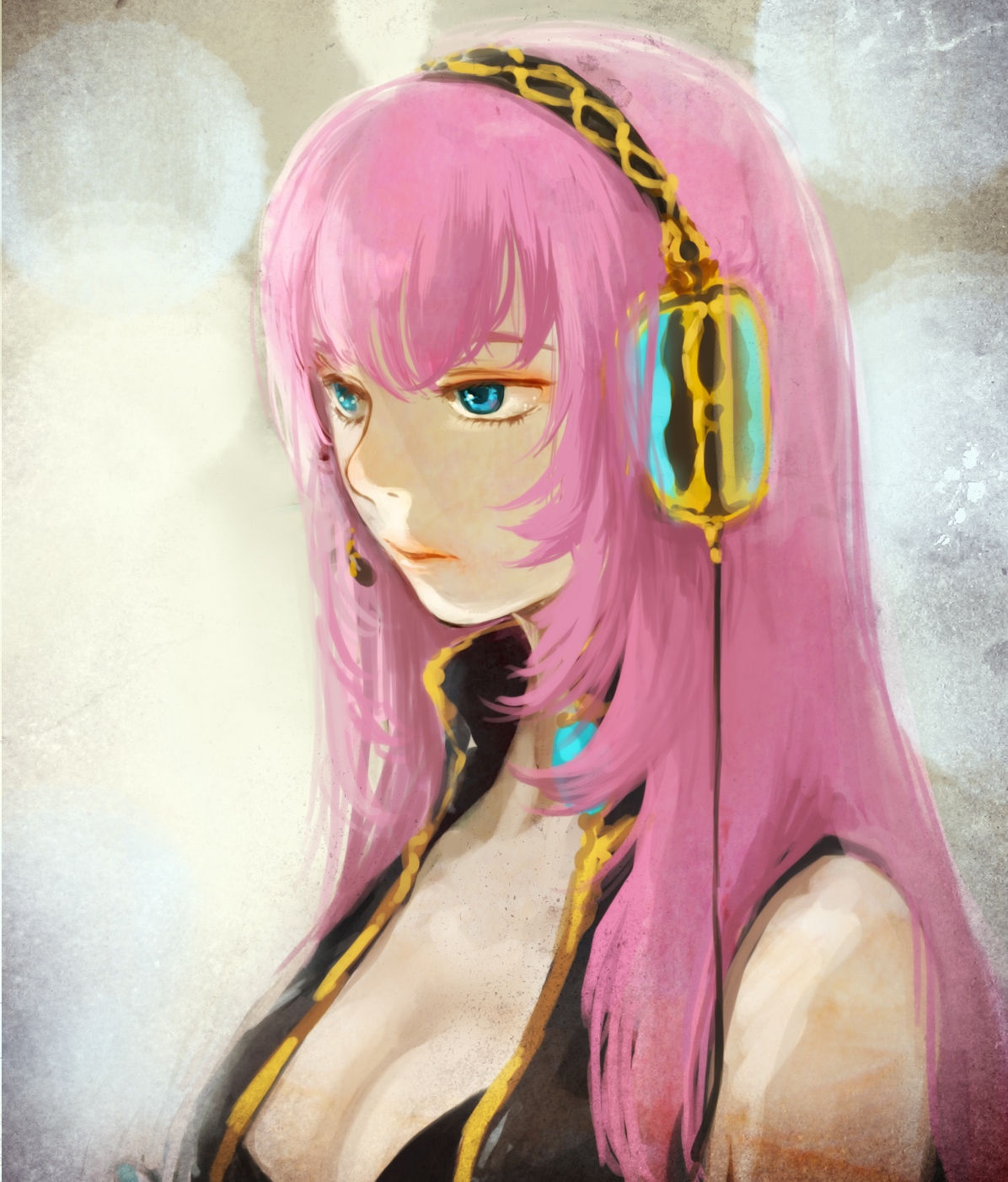 sakamoto himemi, megurine luka, vocaloid, bad id, bad pixiv id, highres, 1girl, blue eyes, breasts, cleavage, female focus, headphones, large breasts, long hair, pink hair, solo