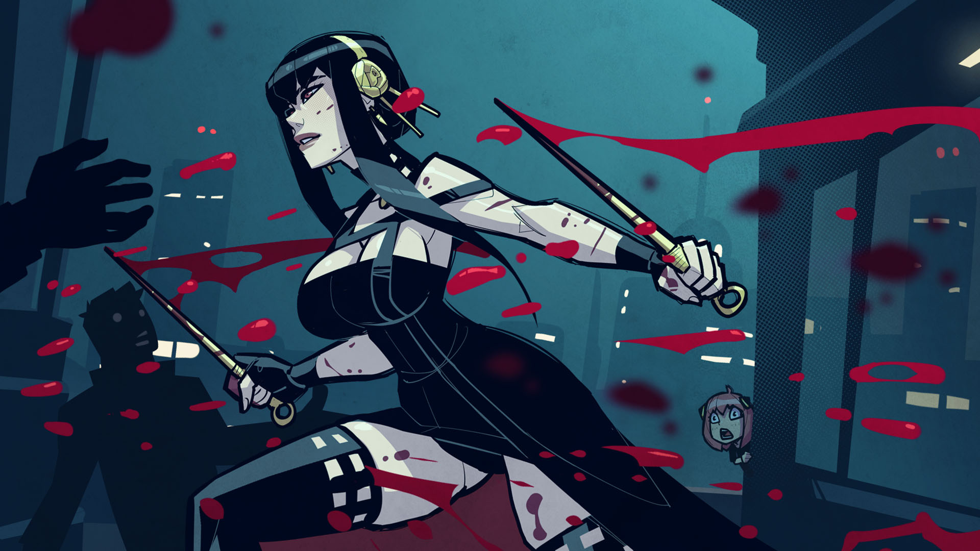 david goujard, anya (spy x family), yor briar, spy x family, highres, 2boys, 2girls, black boots, black hair, blood, boots, city, holding, holding weapon, multiple boys, multiple girls, pink hair, thigh boots, weapon
