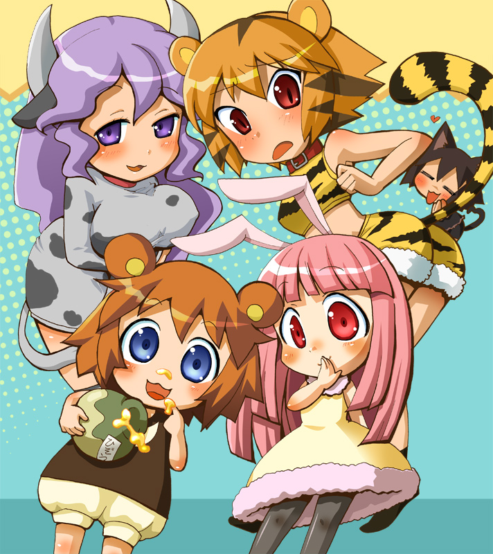 kuma-tan, neko-kun, rabi-tan, tora-oneesan, ushi-oneesan, kumatanchi, 1boy, 4girls, animal costume, animal ears, animal print, bear ears, bell, bloomers, blue eyes, blush, breasts, brown hair, cat ears, cat tail, collar, costume, cow ears, cow girl, honey, horns, large breasts, multiple girls, orange hair, pantyhose, pink hair, purple eyes, purple hair, rabbit ears, red eyes, tail, tiger costume, tiger print, underwear