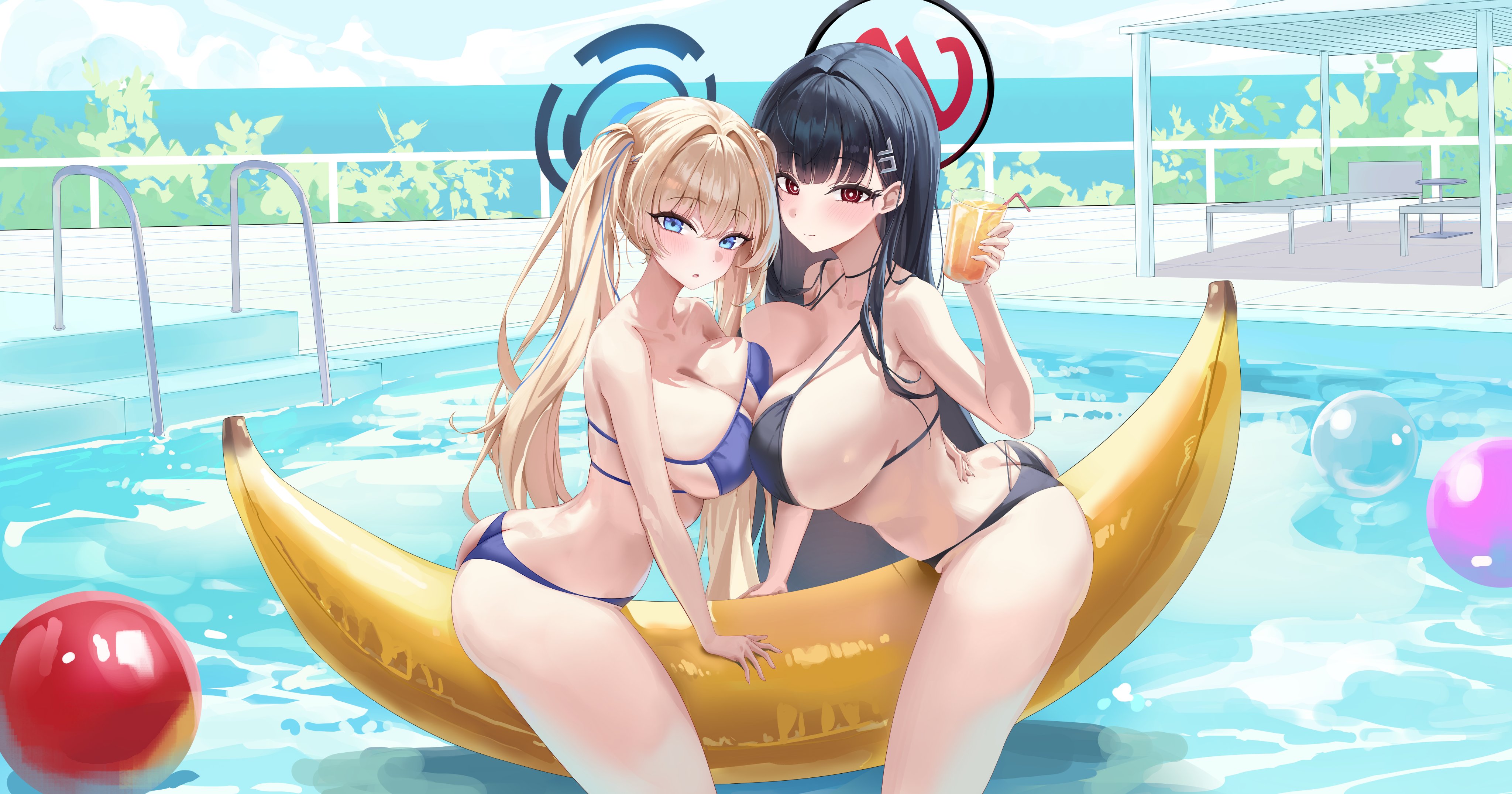 hido88, rio (blue archive), toki (blue archive), blue archive, absurdres, commentary, highres, symbol-only commentary, 2girls, alternate costume, alternate hairstyle, asymmetrical docking, bikini, black bikini, black halo, blonde hair, blue bikini, blue eyes, blue halo, blush, breast press, breasts, cleavage, closed mouth, cup, day, drinking glass, from side, hair between eyes, halo, holding, holding cup, large breasts, long hair, looking at viewer, looking to the side, multicolored halo, multiple girls, outdoors, parted lips, red eyes, red halo, sitting, swimsuit, twintails, two-tone halo, very long hair