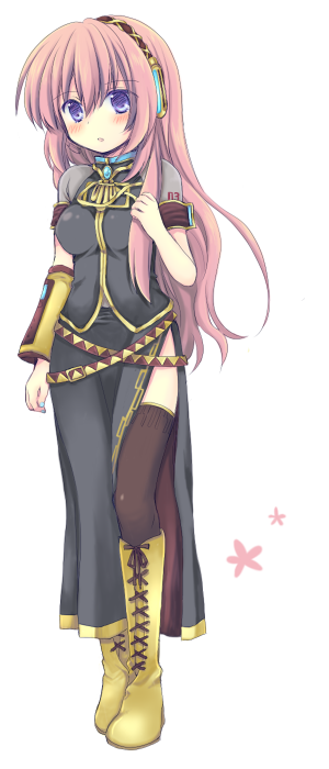 matsusaka gyuu, megurine luka, vocaloid, bad id, bad pixiv id, blue eyes, blush, long hair, pink hair, solo, thighhighs