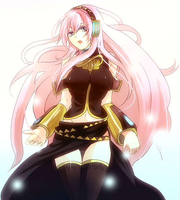 shoko makiko, megurine luka, vocaloid, bad id, bad pixiv id, blue eyes, headphones, long hair, pink hair, solo, thighhighs