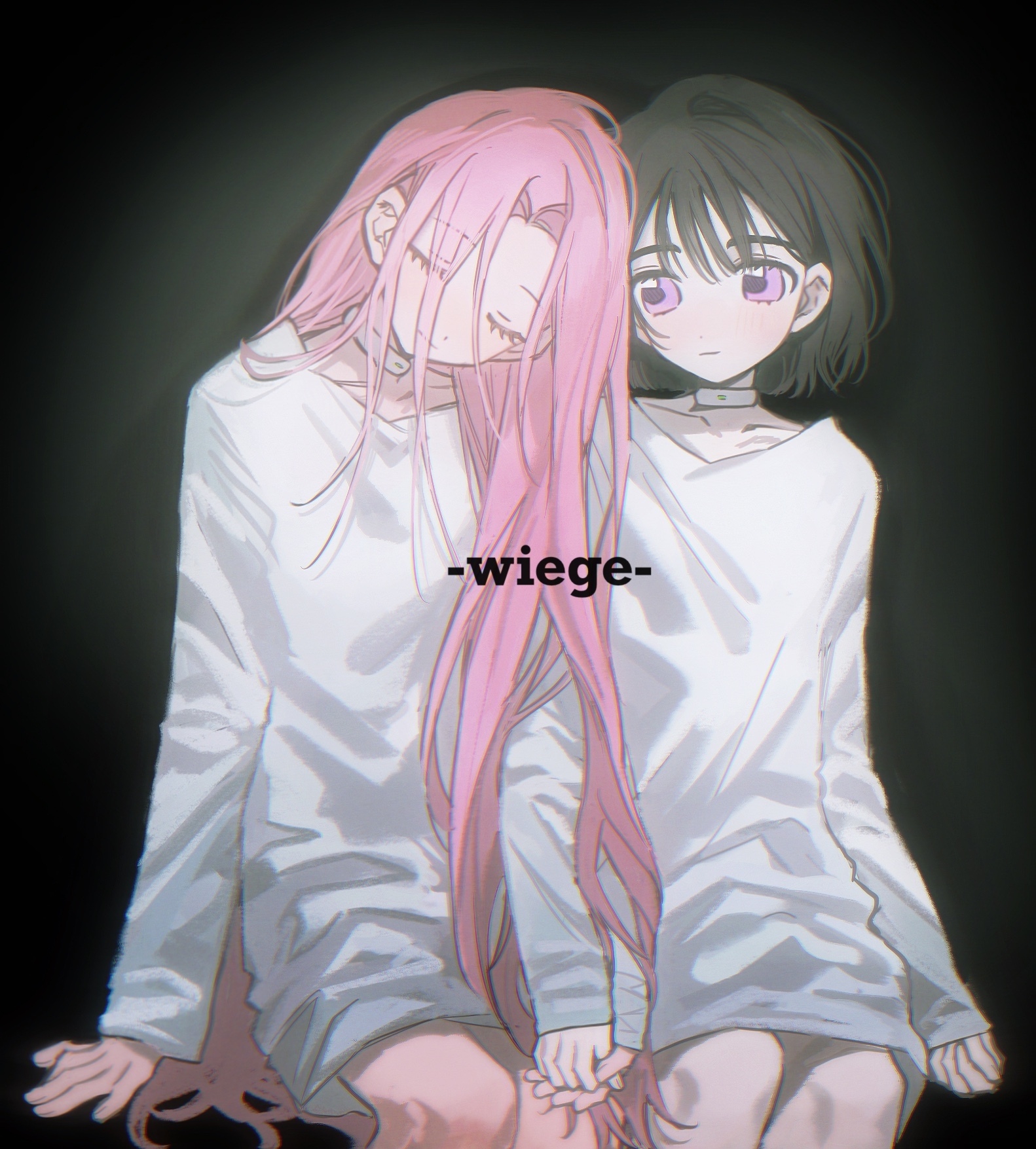 sea foam, mizi (alien stage), sua (alien stage), alien stage, chinese commentary, commentary request, highres, 2girls, black hair, choker, closed eyes, dress, german text, long hair, long sleeves, multiple girls, pink hair, purple eyes, short hair, sitting, song name, very long hair, white choker, white dress