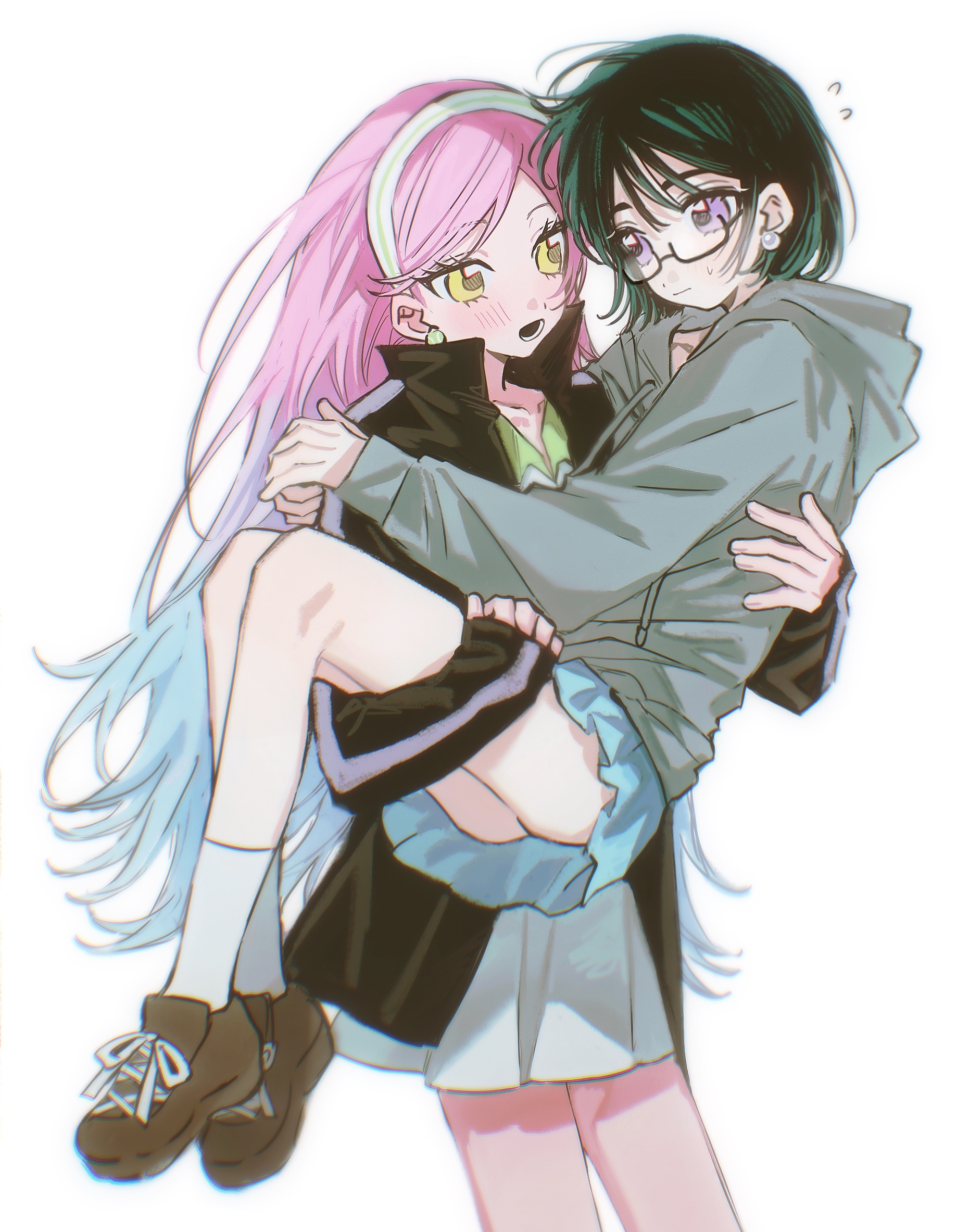 sea foam, mizi (alien stage), sua (alien stage), alien stage, chinese commentary, commentary request, highres, 2girls, black hair, black jacket, blue hair, blue skirt, brown shoes, carrying, carrying person, closed mouth, earrings, gradient hair, green hairband, grey hoodie, hairband, hood, hoodie, jacket, jewelry, long hair, multicolored hair, multiple girls, official alternate costume, open mouth, pearl earrings, pink hair, purple eyes, shoes, skirt, socks, sphere earrings, striped clothes, striped hairband, very long hair, white hairband, white skirt, white socks, yellow eyes