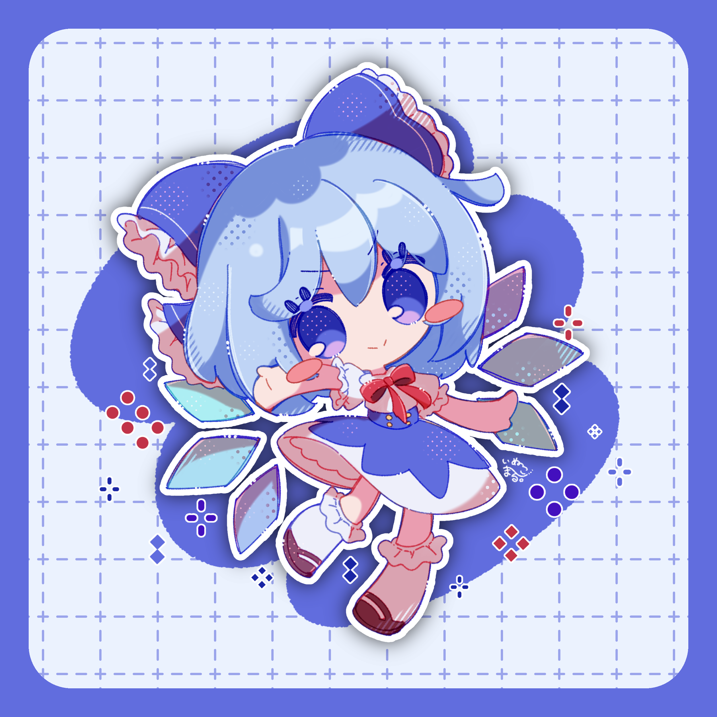 inukkomaru, cirno, touhou, absurdres, commentary, highres, 1girl, blue border, blue bow, blue eyes, blue hair, blue skirt, blush stickers, border, bow, bowtie, brown shoes, chibi, chibi only, closed mouth, frilled bow, frilled socks, frills, full body, grid background, hair bow, ice, ice wings, looking at viewer, outline, red bow, red bowtie, shirt, shoes, short hair, short sleeves, skirt, smile, socks, solo, white background, white outline, white shirt, white socks, wings