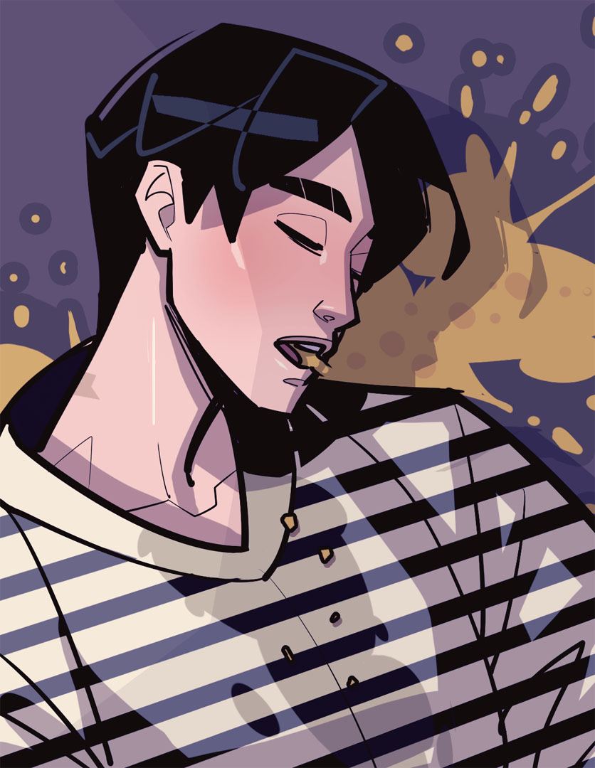 david goujard, 1boy, black hair, black shirt, closed eyes, horror in hongdae, shirt, short hair, solo, striped clothes, striped shirt, two-tone shirt, upper body, white shirt