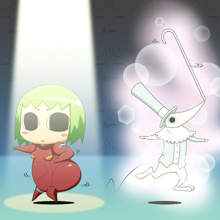 ippeisotsu, excalibur (soul eater), kemeko, kemeko (kemeko deluxe), mm, mm (kemeko deluxe), kemeko deluxe, soul eater, 00s, ass shake, balancing, blush stickers, cane, crossover, excalibur face, green hair, hat, mecha, mecha pilot suit, no humans, plugsuit (evangelion), robot, top hat