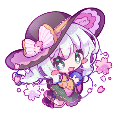 inukkomaru, komeiji koishi, touhou, commentary request, lowres, 1girl, :d, black hat, black shoes, blush stickers, bow, chibi, chibi only, flower-shaped pupils, frilled skirt, frills, full body, green eyes, green hair, green skirt, hat, hat bow, long sleeves, looking at viewer, open mouth, shirt, shoes, short hair, simple background, skirt, smile, sneakers, solo, symbol-shaped pupils, third eye, transparent background, wide sleeves, yellow bow, yellow shirt