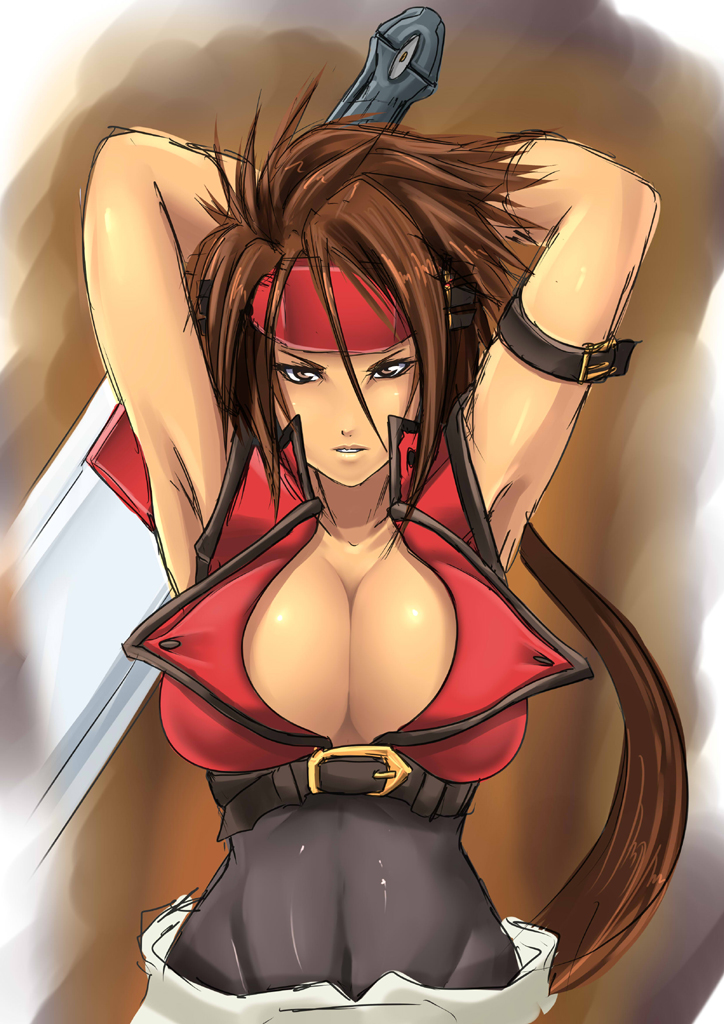 homura (haku89), sol badgal, sol badguy, arc system works, guilty gear, gender request, 1girl, armpits, arms behind head, arms up, breasts, brown eyes, brown hair, cleavage, female focus, genderswap, headband, huge breasts, long hair, ponytail, solo, strap, sword, weapon