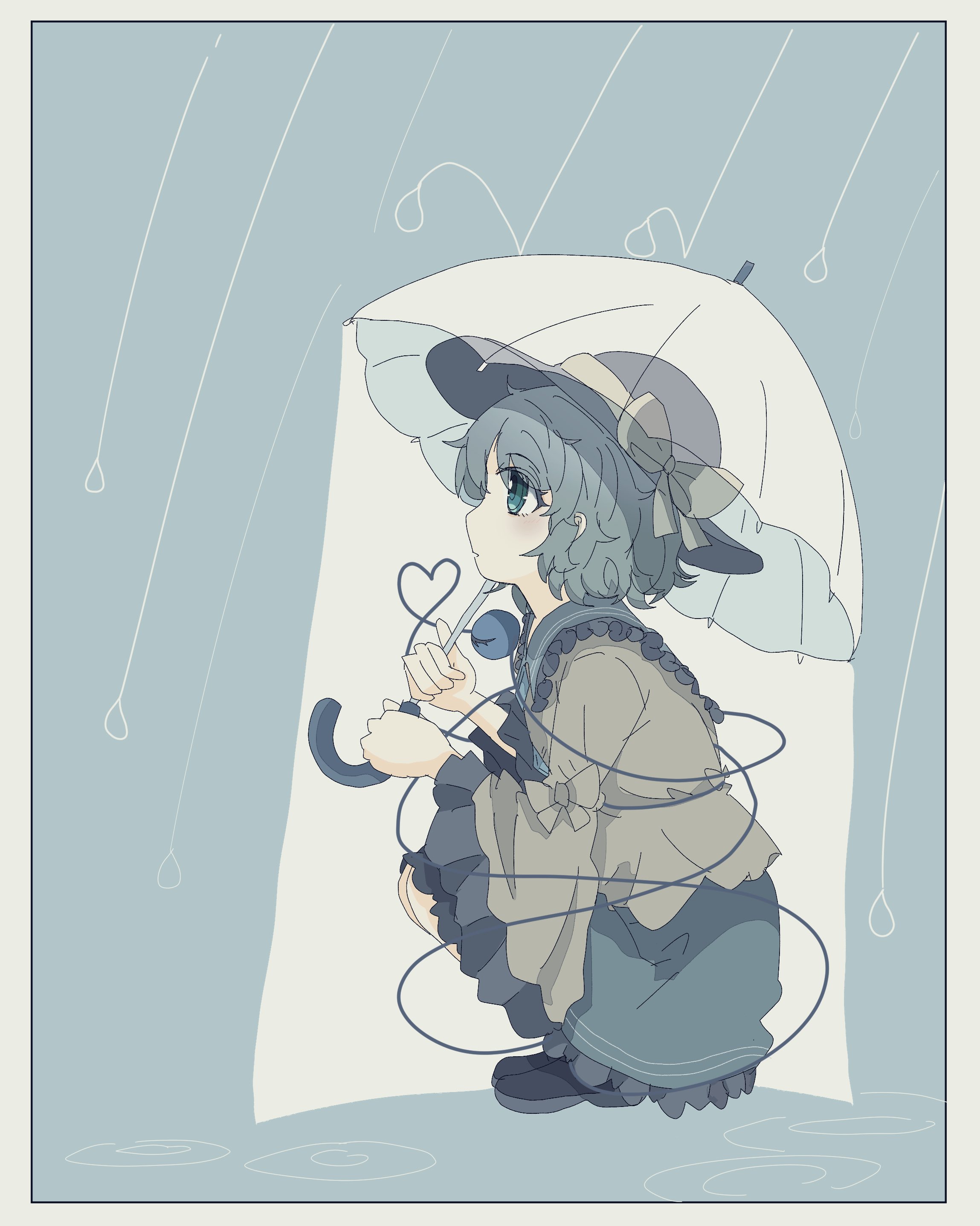 komeiji koishi, touhou, absurdres, highres, 1girl, black hat, blouse, blue eyes, blush, bow, buttons, diamond button, eyeball, frilled shirt collar, frilled sleeves, frills, green hair, green skirt, hat, hat bow, hat ribbon, heart, heart of string, holding, holding umbrella, rain, ribbon, risottooisii, shirt, skirt, third eye, umbrella, yellow bow, yellow ribbon, yellow shirt