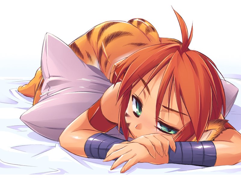 redrantem, tomoshibi hidekazu, katt (breath of fire), breath of fire, breath of fire ii, capcom, striped, 1girl, animal ears, breasts, cat ears, cat tail, female focus, furry, furry female, green eyes, no panties, no pants, orange hair, pillow, pointy ears, short hair, small breasts, solo, tail