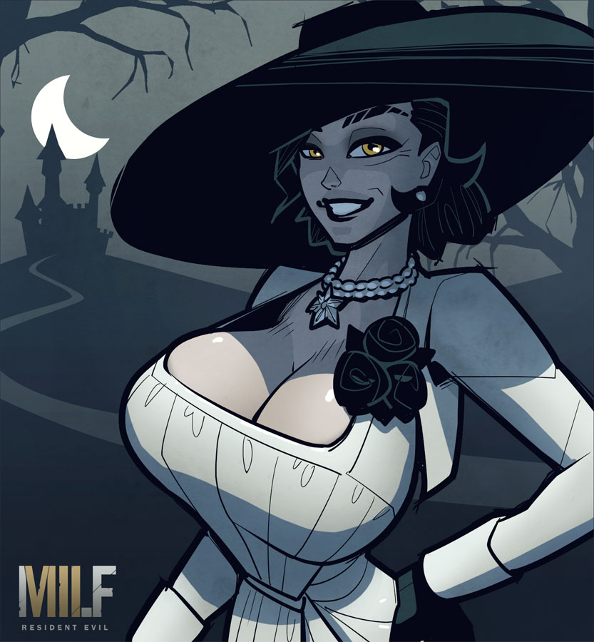 david goujard, alcina dimitrescu, resident evil, resident evil village, 1girl, black hair, black hat, black lips, breasts, cleavage, crescent moon, dress, english text, grin, hat, jewelry, large breasts, looking at viewer, moon, necklace, pearl necklace, smile, solo, upper body, white dress, yellow eyes