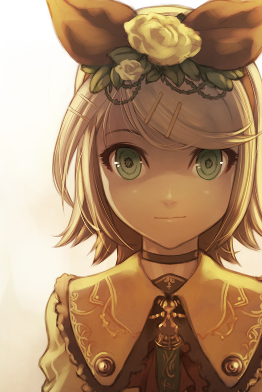 kunieda, kagamine rin, riliane lucifen d'autriche, aku no musume (vocaloid), evillious nendaiki, vocaloid, 1girl, blonde hair, choker, empty eyes, female focus, flower, goth fashion, green eyes, hair flower, hair ornament, hair ribbon, hairclip, ribbon, short hair, solo, upper body, victorian