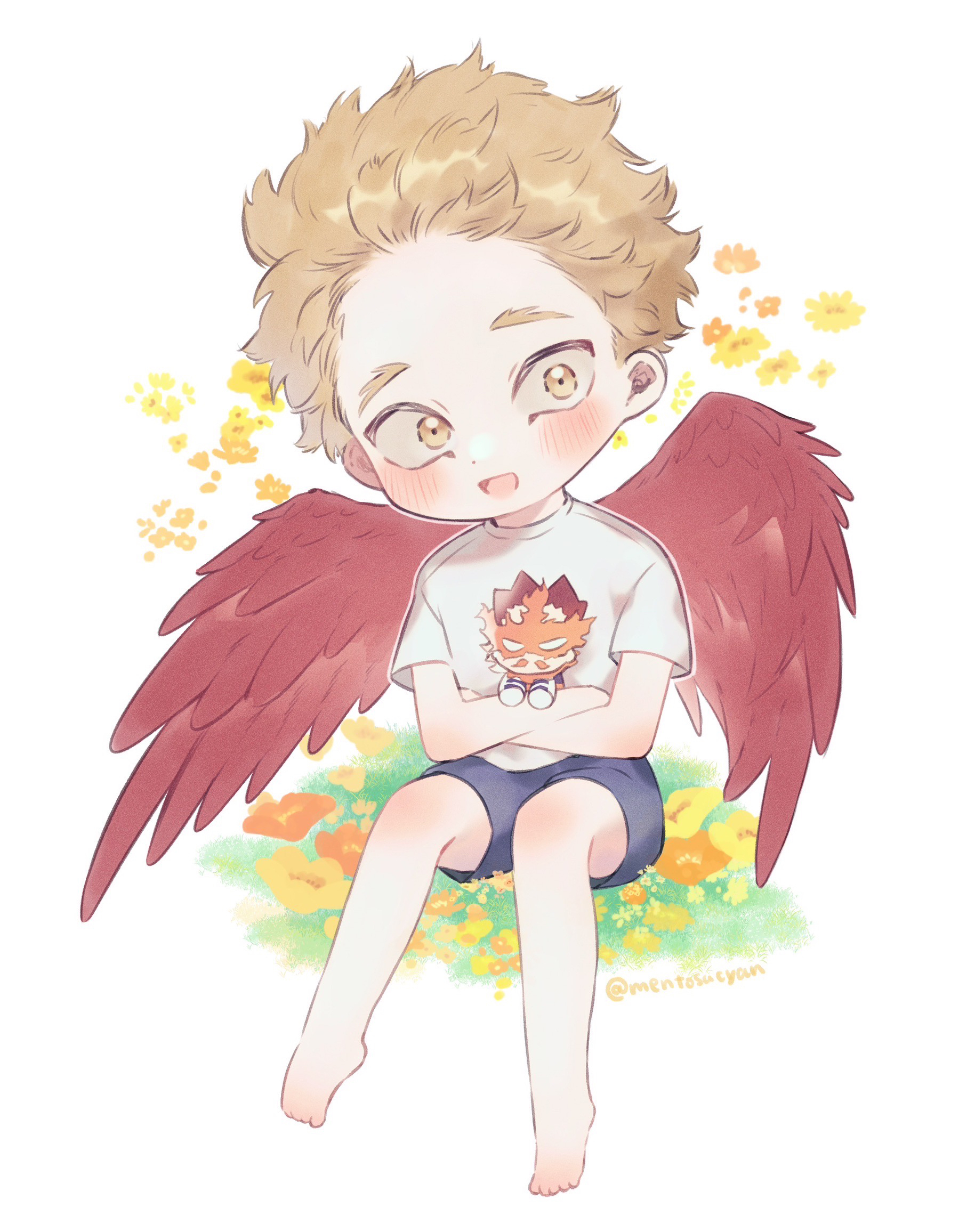 endeavor (boku no hero academia), hawks (boku no hero academia), boku no hero academia, commentary request, highres, 1boy, aged down, barefoot, blush, brown hair, character doll, doll, full body, male focus, mentosucyan, open mouth, red wings, shirt, short hair, short sleeves, sitting, solo, white shirt, wings