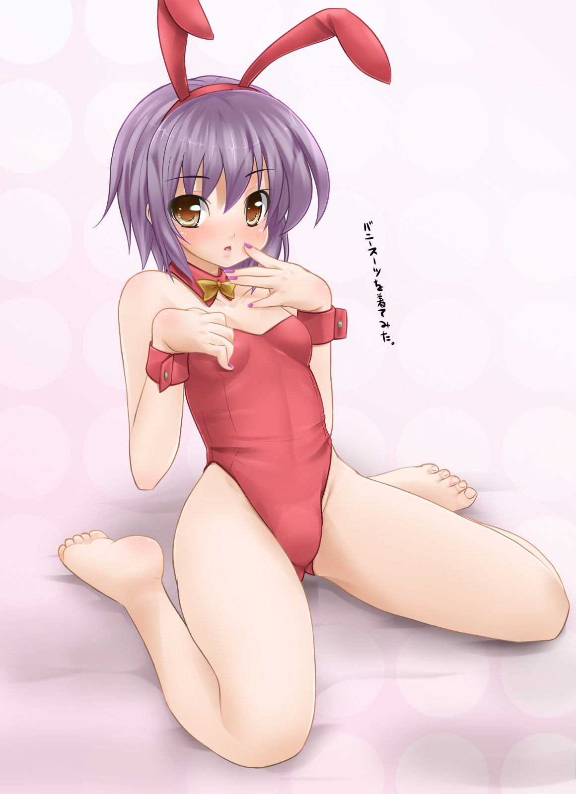 yukinon, yukinon (tsuki koubou), nagato yuki, suzumiya haruhi no yuuutsu, bad id, bad pixiv id, highres, translated, 00s, 1girl, animal ears, bare legs, barefoot, fake animal ears, fat mons, feet, female focus, flat chest, hairband, nail polish, playboy bunny, purple hair, purple nails, rabbit ears, short hair, solo, wrist cuffs, wristband, yellow eyes