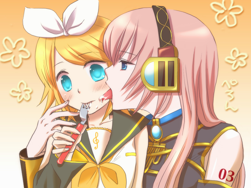 ebimayo, kagamine rin, megurine luka, vocaloid, bad id, bad pixiv id, 2girls, age difference, aqua eyes, armband, blonde hair, blue eyes, blue gemstone, blush, brooch, child, couple, female focus, food, food on face, fork, gem, gradient background, hair ribbon, headphones, jewelry, licking, long hair, looking at another, mouth hold, multiple girls, onee-loli, orange background, pink hair, ribbon, school uniform, serafuku, short hair, shy, sleeveless, sleeveless turtleneck, surprised, tattoo, tongue, tongue out, turtleneck, upper body, white ribbon, yellow detached sleeves, yuri