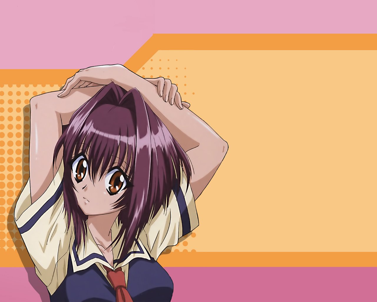 maaka karin, karin, 00s, brown eyes, necktie, purple hair, school uniform, short hair
