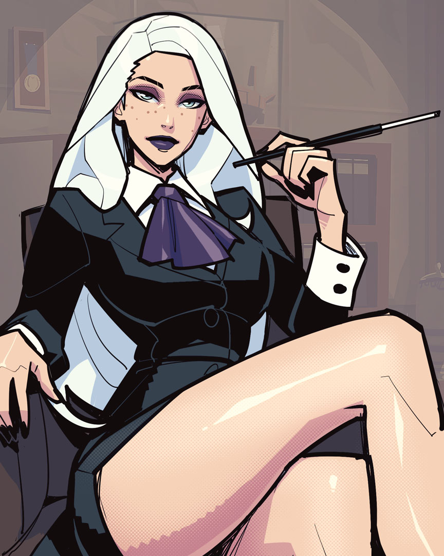 david goujard, 1girl, ascot, black jacket, black skirt, cigarette holder, collared shirt, crossed legs, green eyes, horror in hongdae, indoors, jacket, long hair, looking at viewer, purple ascot, shirt, sitting, skirt, solo, white hair, white shirt