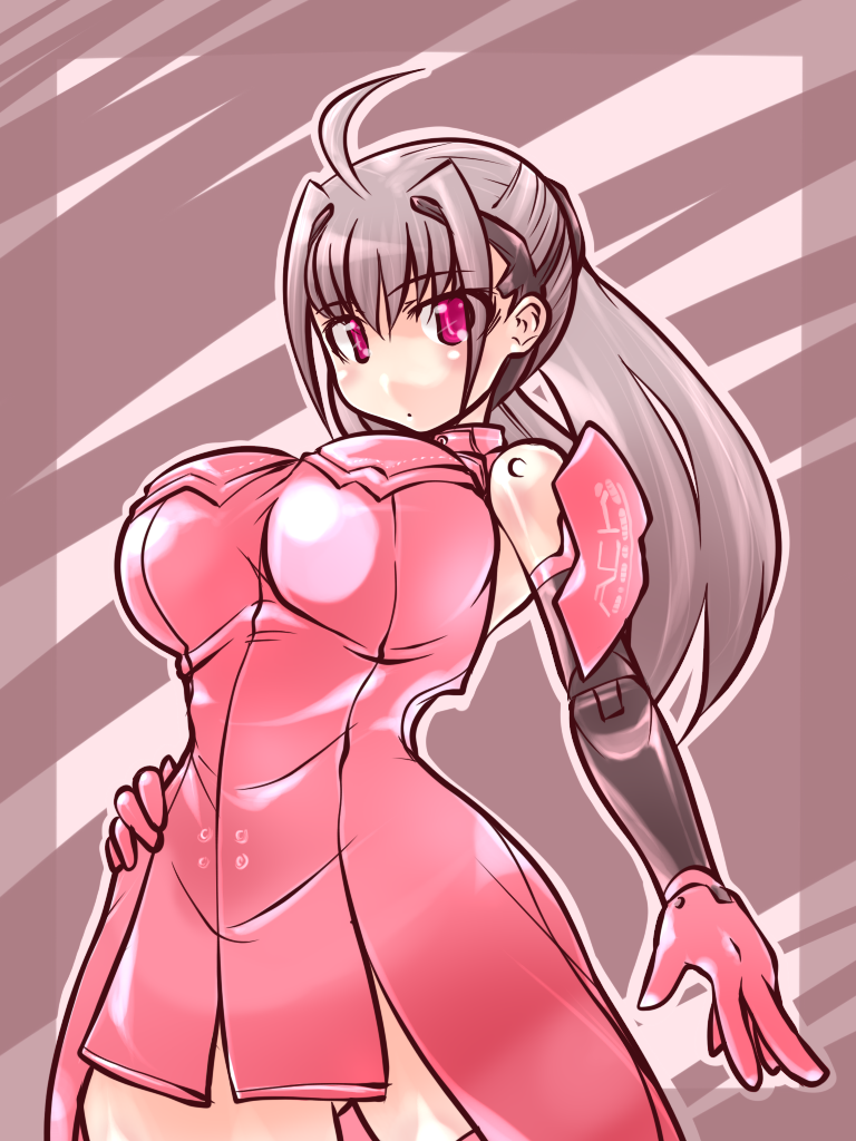 ach, darui hito, darui nin oo, busou shinki, 10s, 1girl, bodysuit, breasts, curvy, doll joints, female focus, gloves, huge breasts, joints, long hair, pink eyes, ponytail, red eyes, sleeveless, solo, tight clothes