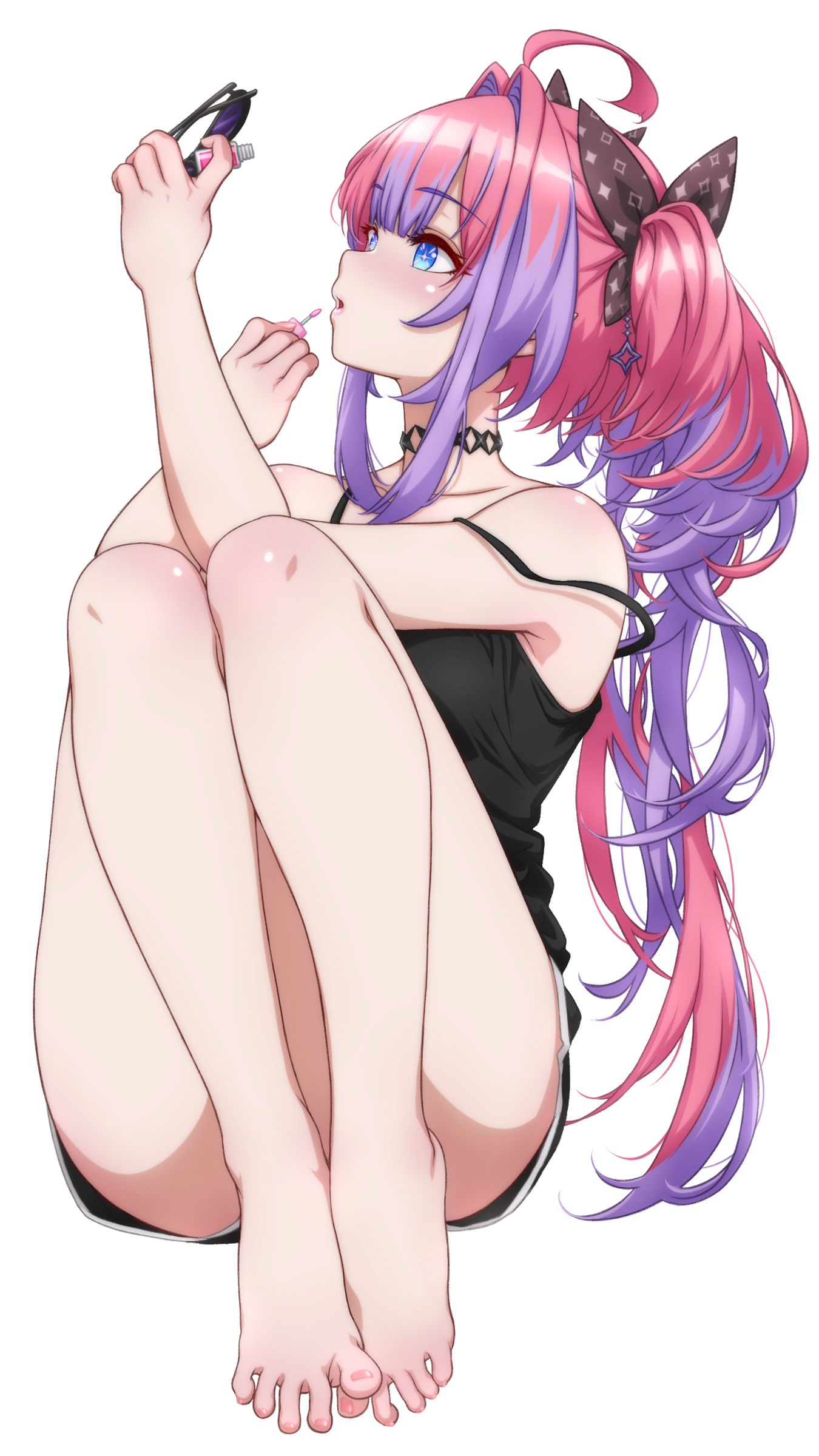 p-nekoe, kikirara vivi, hololive, hololive dev is, absurdres, highres, 1girl, ahoge, applying lipgloss, barefoot, black bow, black camisole, black choker, black shorts, blue eyes, bow, camisole, choker, full body, hair bow, hair intakes, holding, holding removed eyewear, knees up, lipgloss, long hair, multicolored hair, open mouth, pink hair, purple hair, short shorts, shorts, sidelocks, simple background, sitting, solo, strap slip, streaked hair, sunglasses, toes, twintails, unworn eyewear, very long hair, virtual youtuber, white background