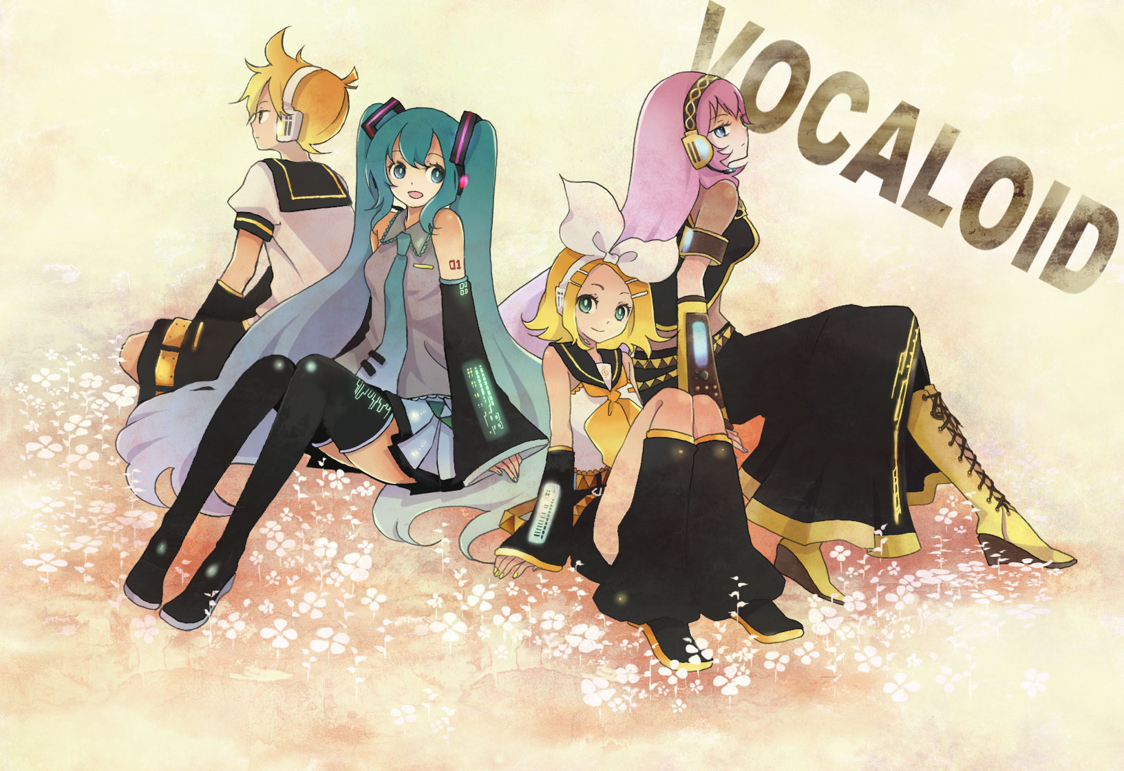 manami (artist), sugano manami, hatsune miku, kagamine len, kagamine rin, megurine luka, vocaloid, highres, 1boy, 3girls, aqua hair, boots, everyone, high heel boots, high heels, lace-up boots, long hair, multiple girls, sitting, very long hair, wedge heels