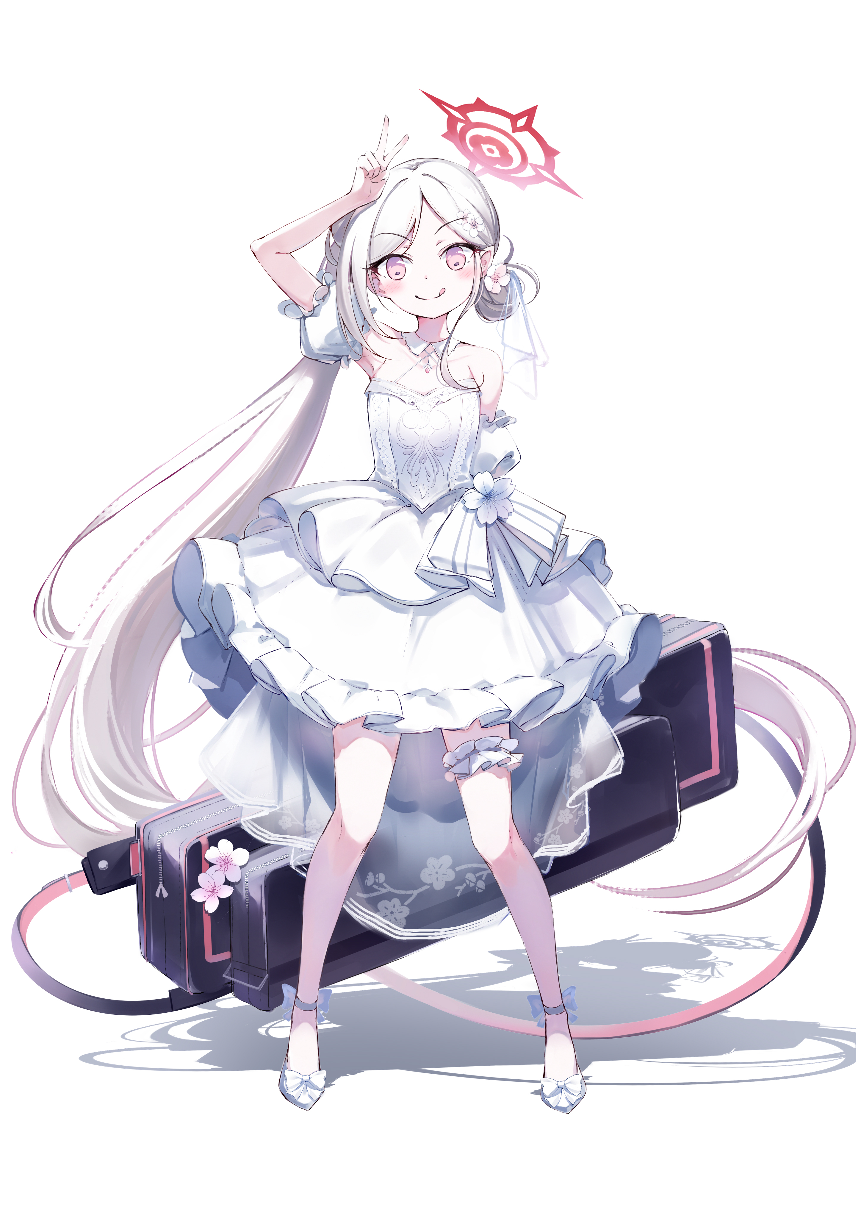 chosunbe, mutsuki (blue archive), blue archive, absurdres, highres, 1girl, :q, absurdly long hair, alternate costume, ankle strap, arm behind back, arm up, armpits, bare legs, bare shoulders, bow, bride, cherry blossom print, cherry blossoms, closed mouth, criss-cross halter, detached collar, detached sleeves, dress, flat chest, floral print, flower, footwear bow, frilled dress, frilled thigh strap, frills, full body, hair bun, hair flower, hair ornament, halo, halterneck, high-low dress, layered dress, long hair, looking at viewer, middle part, parted bangs, petite, pink eyes, pink flower, pointy ears, print dress, puffy detached sleeves, puffy sleeves, red halo, see-through clothes, see-through dress layer, shadow, shoes, short dress, short sleeves, side ponytail, simple background, single hair bun, sleeveless, sleeveless dress, split mouth, standing, straight-on, thigh strap, tongue, tongue out, v, very long hair, waist bow, weapon case, wedding dress, white background, white bow, white dress, white flower, white hair, white shoes, zipper
