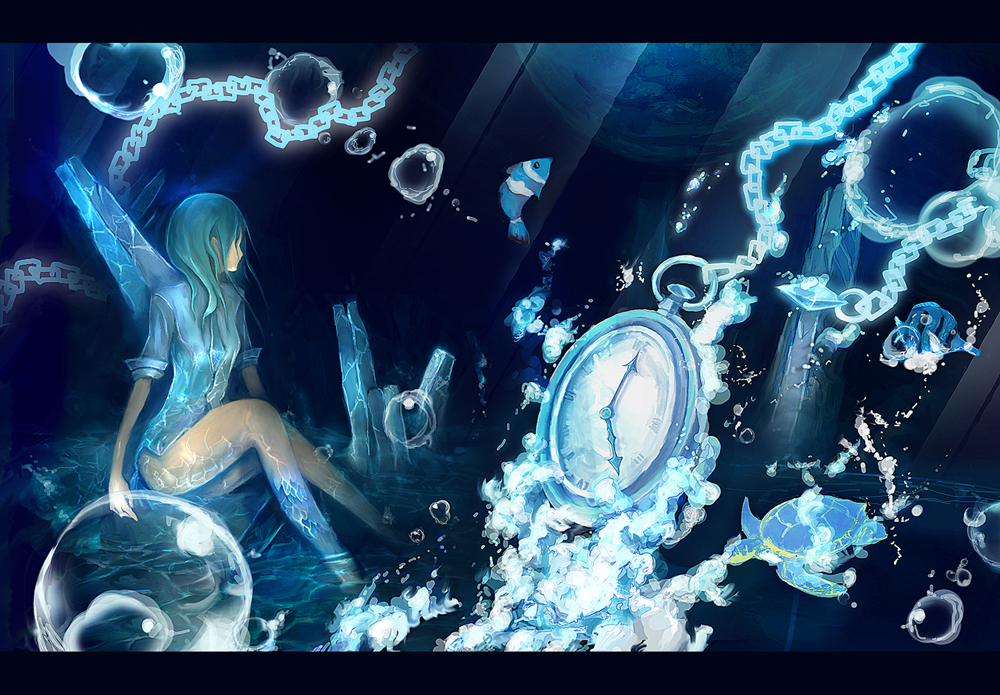 taron (tatataron), bad id, bad pixiv id, 1girl, blue hair, bubble, chain, clock, female focus, fish, ice, letterboxed, sitting, solo, turtle, underwater, water, wet, wet clothes