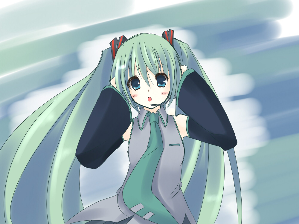 ebisu tarou (pixiv74279), mikago kotaro, hatsune miku, vocaloid, :o, aqua eyes, arms up, detached sleeves, green hair, headset, necktie, solo, twintails