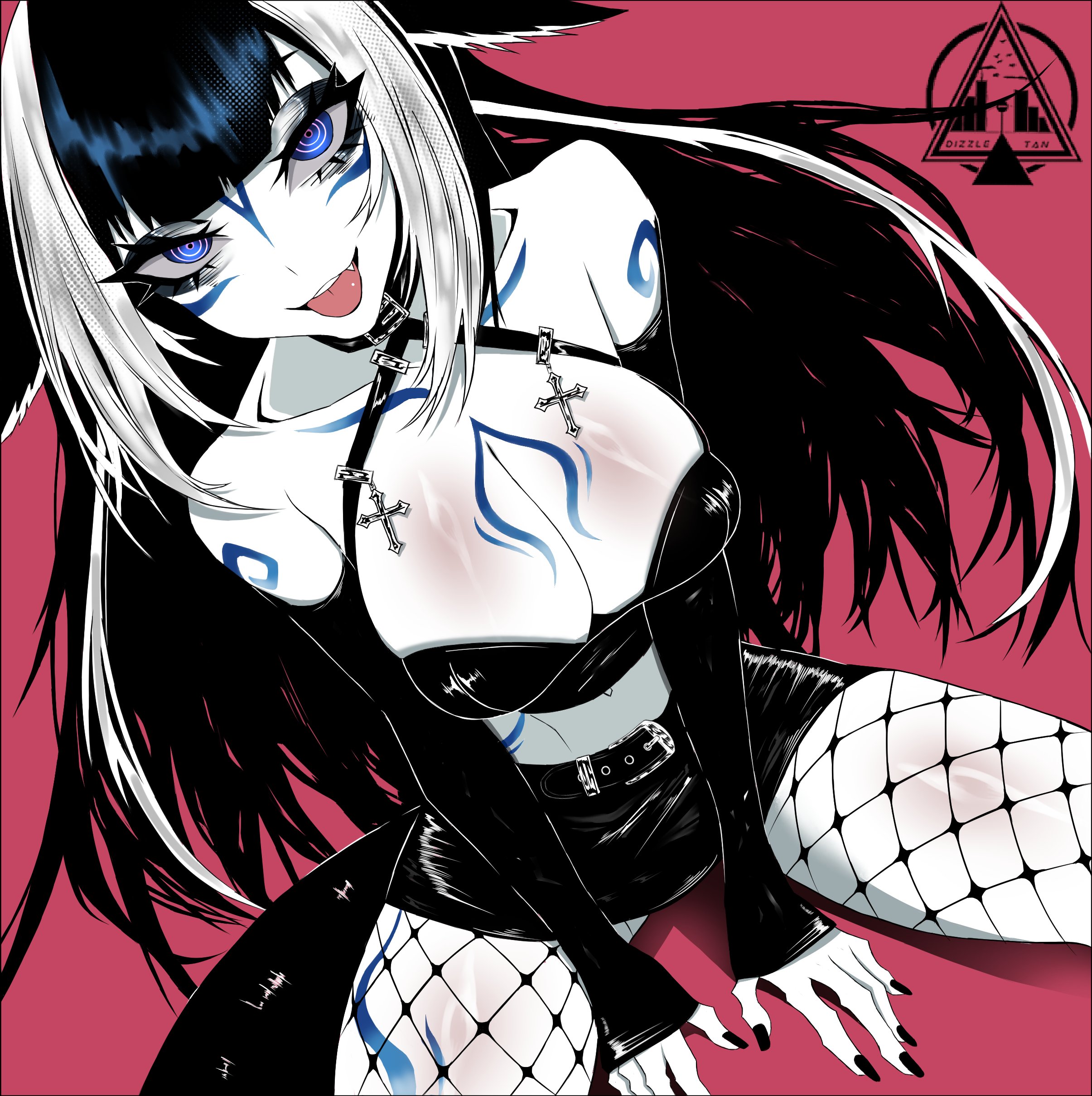 dizzle, shylily, indie virtual youtuber, absurdres, highres, 1girl, all fours, alternate costume, animal ears, bare shoulders, belt, black belt, black hair, black nails, black skirt, black sleeves, blunt bangs, body markings, breasts, cat ears, cetacean tail, cleavage, collarbone, cross, fang, fins, fish tail, fishnets, goth fashion, greyscale, halterneck, large breasts, long hair, long sleeves, midriff, monochrome, multicolored hair, navel, partially colored, purple eyes, red background, sidelocks, sitting, skirt, sleeves past wrists, solo, streaked hair, tail, teeth, tongue, tongue out, upper teeth only, virtual youtuber, white hair
