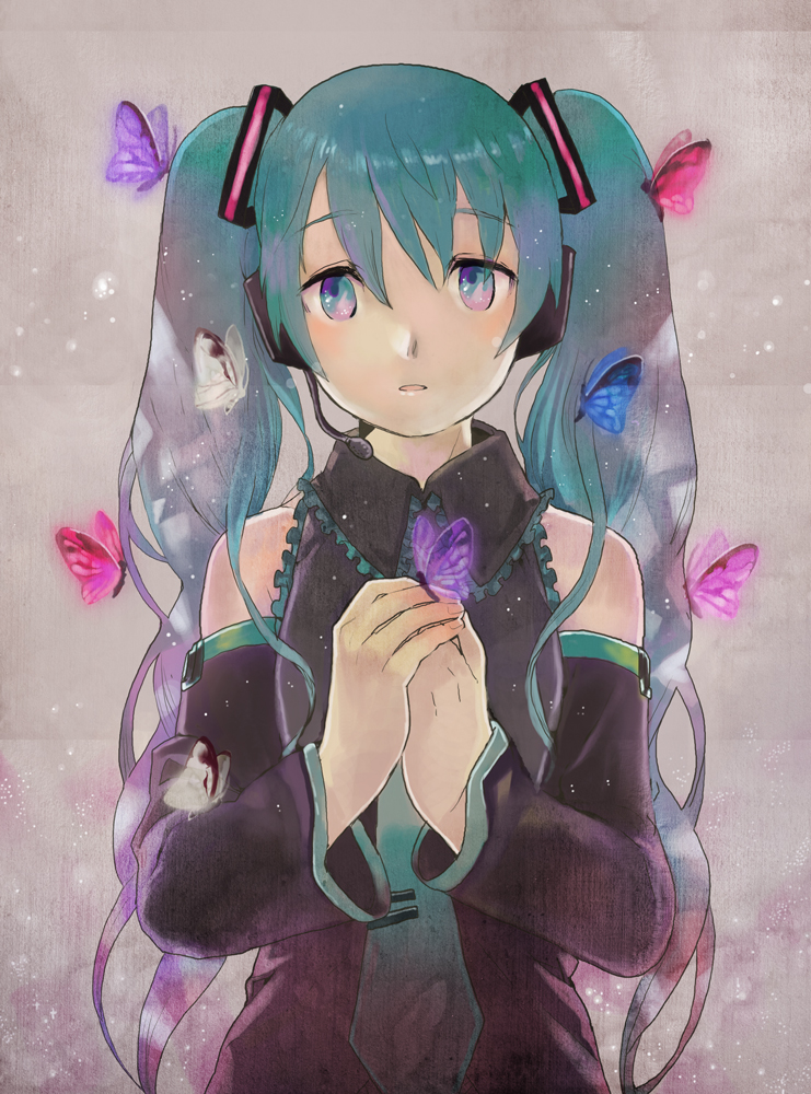 kotetsu (popeethe), hatsune miku, vocaloid, bad id, bad pixiv id, aqua eyes, aqua hair, bug, butterfly, detached sleeves, headset, insect, long hair, necktie, solo, twintails