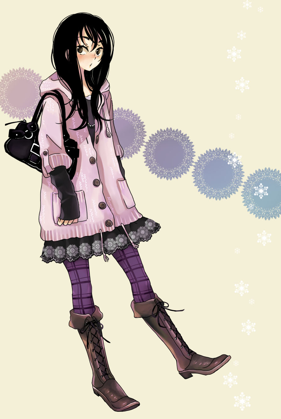 manami (artist), sugano manami, original, highres, 1girl, bag, black hair, boots, coat, female focus, handbag, knee boots, pantyhose, solo, thighhighs