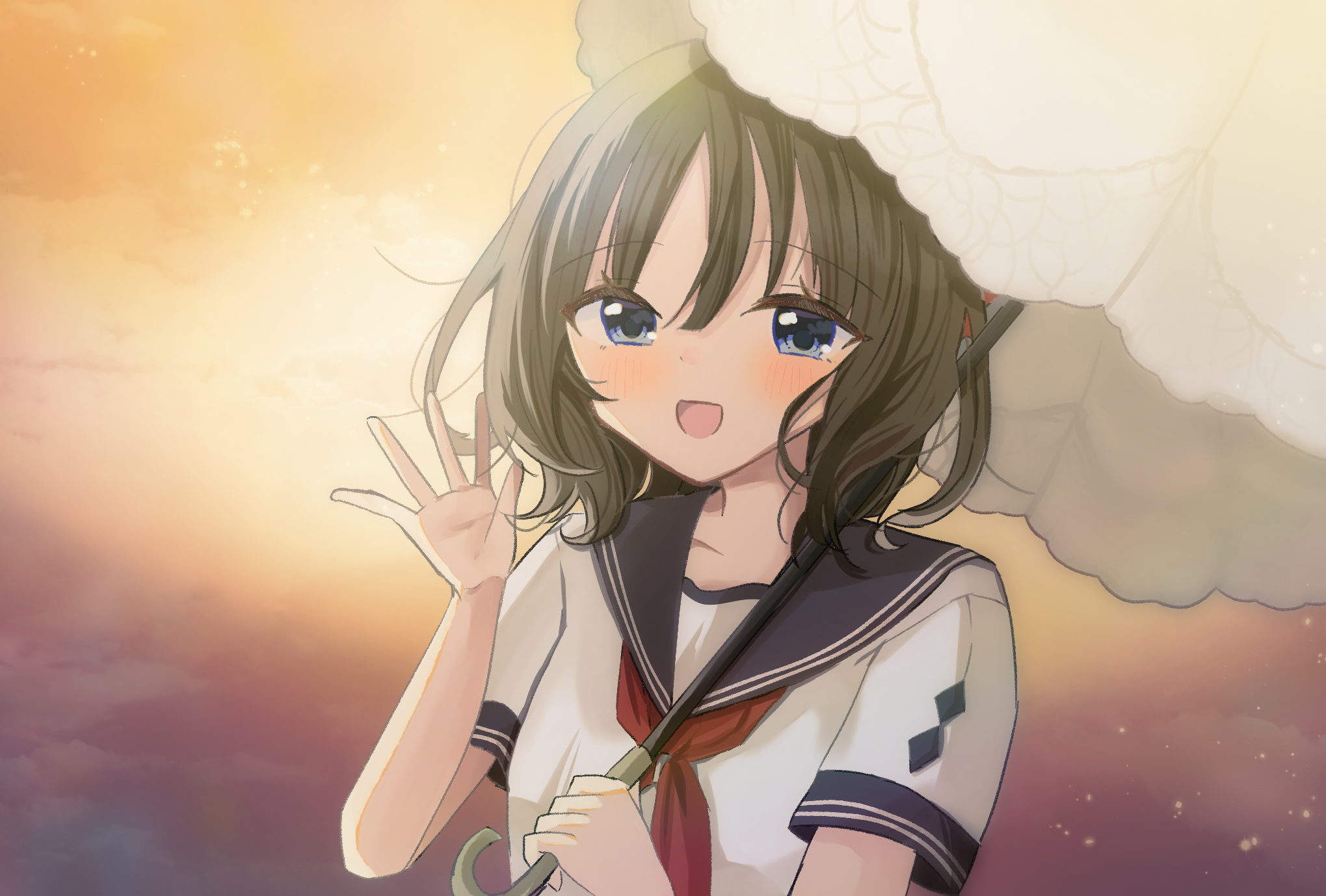 sakaniwa t, minazuki hotaru (amatsutsumi), amatsutsumi, commentary request, highres, 1girl, black hair, blue eyes, blue sailor collar, blue serafuku, holding, holding umbrella, medium hair, neckerchief, open mouth, red neckerchief, sailor collar, school uniform, serafuku, shirt, short sleeves, smile, solo, summer uniform, umbrella, upper body, waving, white shirt, white umbrella