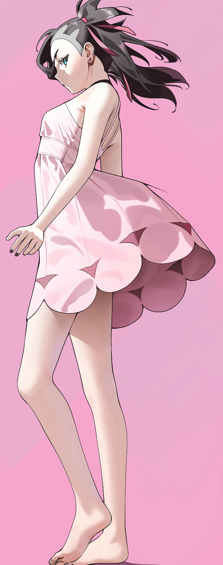 987645321o, marnie (pokemon), nintendo, pokemon, pokemon swsh, highres, 1girl, barefoot, black hair, black nails, breasts, closed mouth, dress, earrings, floating hair, from side, green eyes, hair ribbon, jewelry, pink dress, profile, ribbon, sideways glance, small breasts, solo, stud earrings, twintails, undercut