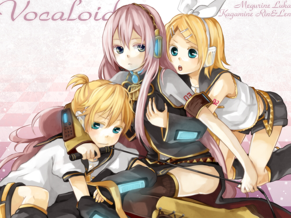 tama (songe), kagamine len, kagamine rin, megurine luka, vocaloid, blonde hair, headphones, hug, long hair, pink hair, short hair, thighhighs, whip