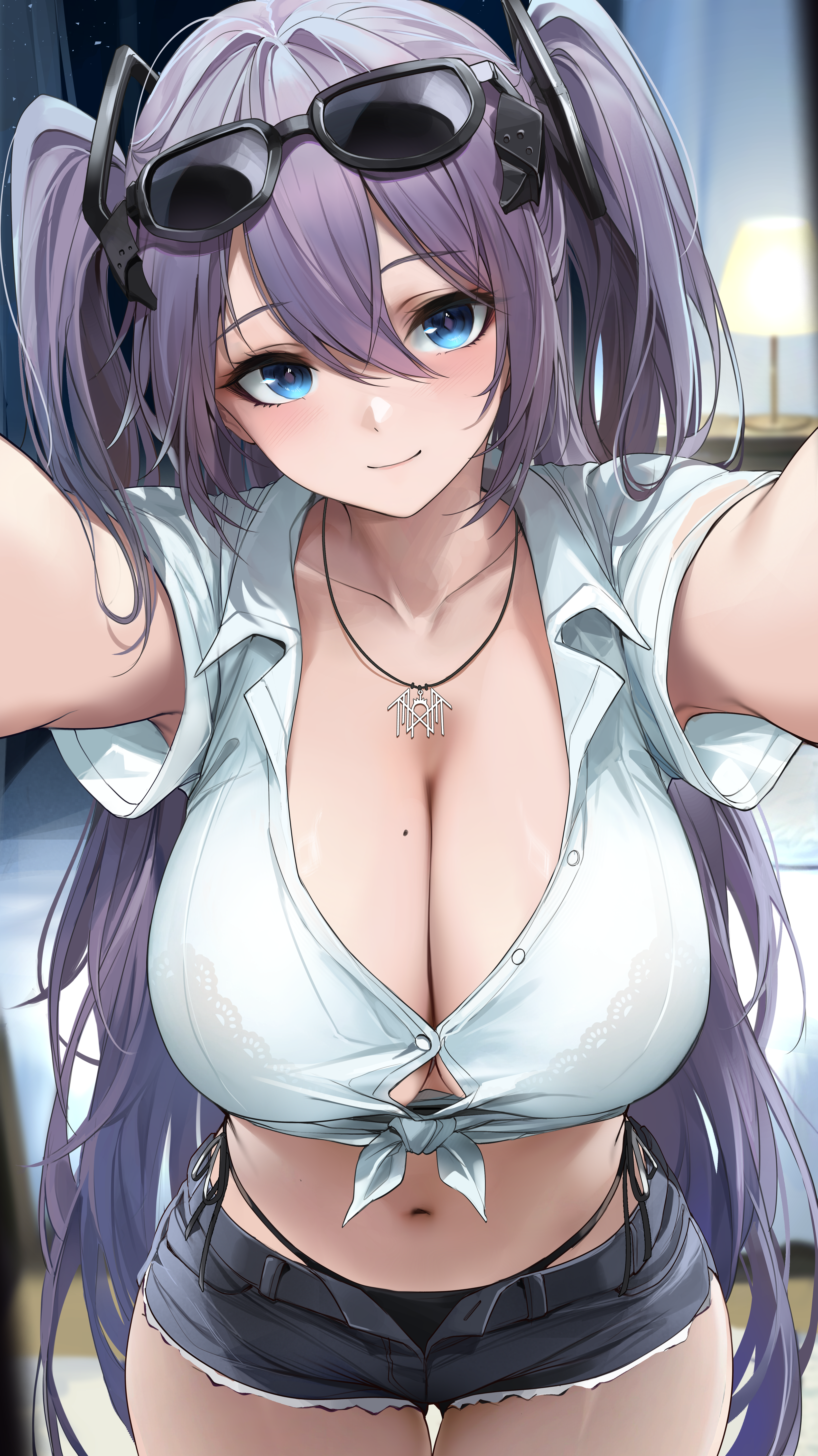re0n, intrepid (azur lane), azur lane, absurdres, commission, commissioner upload, highres, non-web source, 1girl, bedroom, bikini, black bikini, blue eyes, blush, breasts, buttons, cleavage, collarbone, cowboy shot, crop top, eyewear on head, grey hair, hair between eyes, hair ornament, jewelry, lamp, large breasts, long hair, looking at viewer, midriff, miniskirt, mole, mole on breast, necklace, shirt, shorts, sidelocks, skirt, sleep token (band), smile, swimsuit, thick thighs, thighs, two side up, white shirt