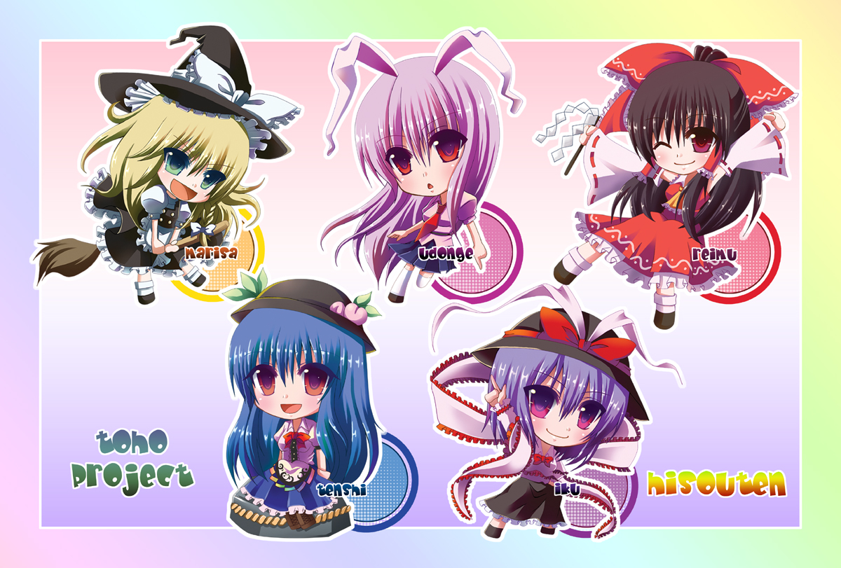 nonoko, yuuka nonoko, hakurei reimu, hinanawi tenshi, kirisame marisa, nagae iku, reisen udongein inaba, touhou, 5girls, animal ears, blonde hair, bow, chibi, female focus, food, fruit, hat, long hair, multiple girls, peach, rabbit ears