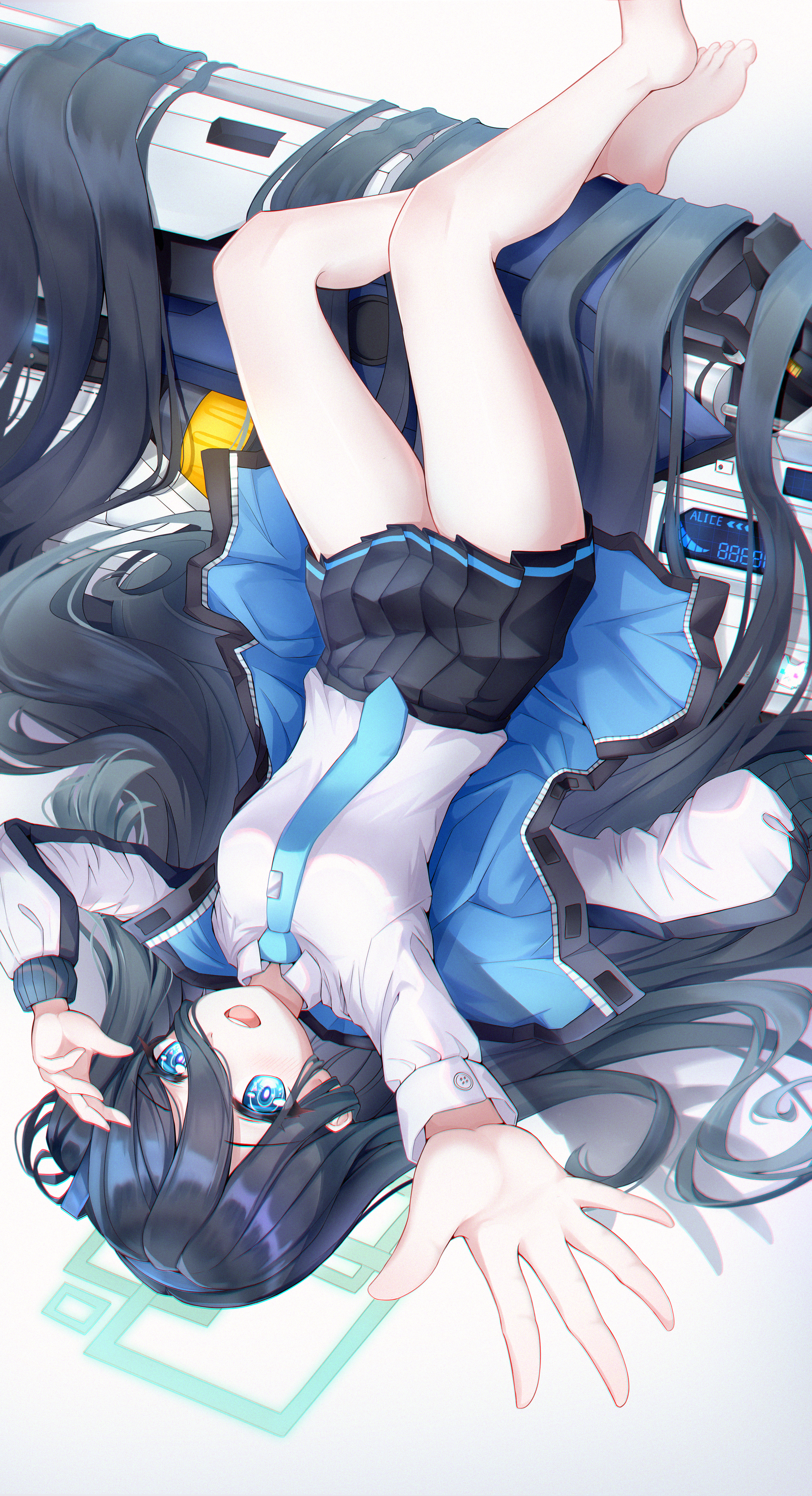 norimori, aris (blue archive), blue archive, absurdres, chinese commentary, commentary, commentary request, english commentary, highres, mixed-language commentary, partial commentary, 1girl, :d, absurdly long hair, aqua eyes, aqua halo, bare legs, barefoot, black hair, black hairband, black skirt, blue jacket, blue necktie, breasts, bright pupils, buttoned cuffs, buttons, character name, chromatic aberration, collared shirt, double-parted bangs, full body, gun, hair between eyes, hair flowing over, hair spread out, hairband, halo, jacket, long bangs, long hair, long hair between eyes, long sleeves, looking at viewer, lying, miniskirt, multicolored jacket, necktie, on back, one side up, open clothes, open jacket, open mouth, palms, pleated skirt, puffy long sleeves, puffy sleeves, railgun, reaching, reaching towards viewer, rectangular halo, ringed eyes, shirt, simple background, skirt, small breasts, smile, solo, teeth, tie clip, toes, two-sided fabric, two-sided jacket, unzipped, upper teeth only, upside-down, very long hair, weapon, white background, white jacket, white pupils, white shirt, zipper
