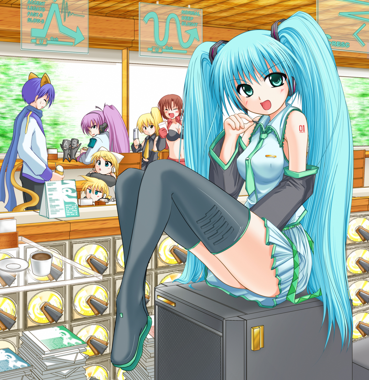 kirihane, akita neru, hatsune miku, kagamine len, kagamine rin, kaito (vocaloid), kamui gakupo, meiko (vocaloid), vocaloid, highres, 3boys, 4girls, animal ears, aqua hair, detached sleeves, headset, long hair, miniskirt, multiple boys, multiple girls, open mouth, skirt, smile, thighhighs, twintails, very long hair