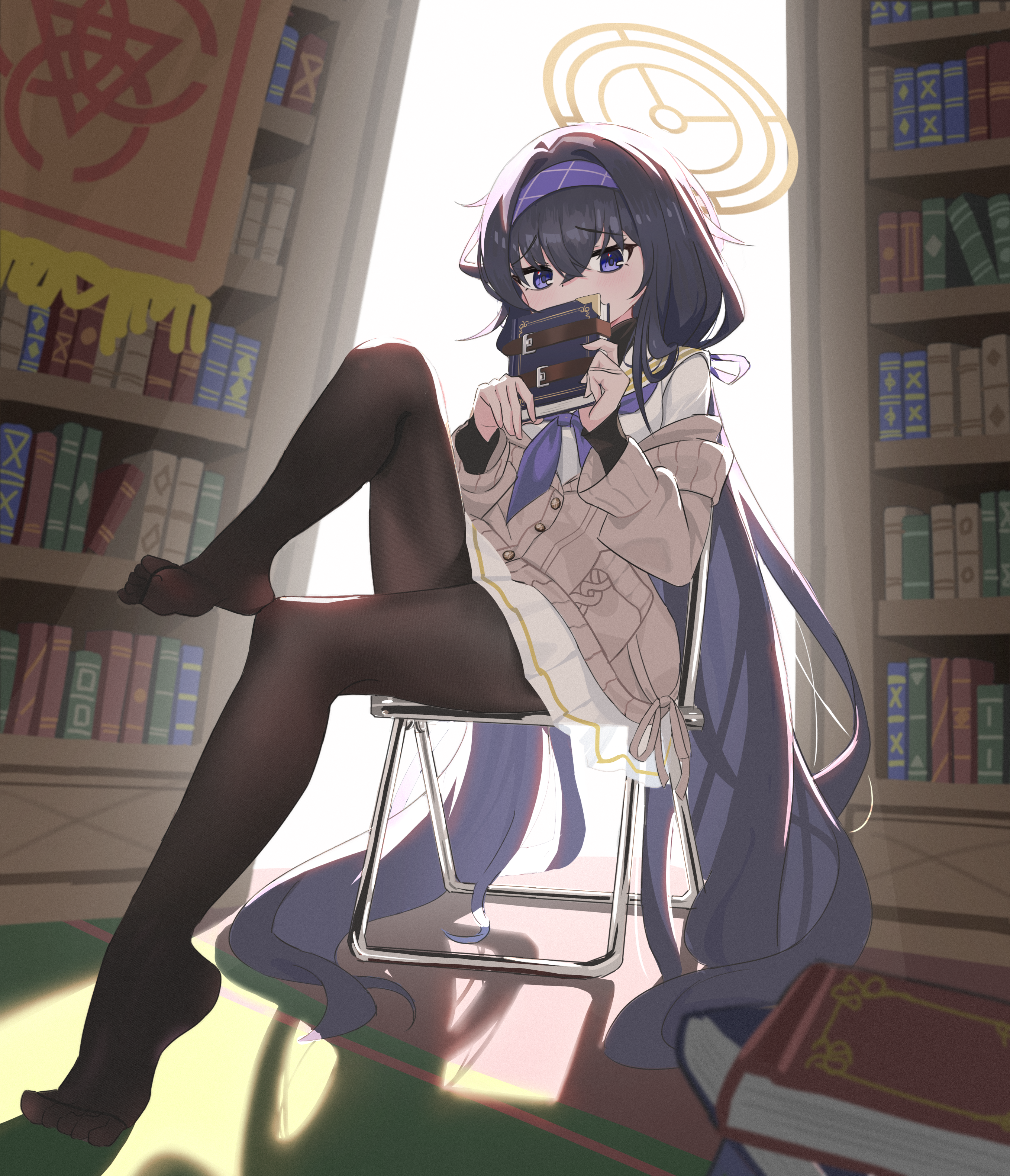slad, ui (blue archive), blue archive, absurdres, highres, 1girl, bags under eyes, black hair, black pantyhose, blue hairband, book, bookshelf, brown halo, cardigan, chair, covering own mouth, crossed bangs, folding chair, full body, grey cardigan, hairband, halo, holding, holding book, long hair, looking at viewer, neckerchief, no shoes, pantyhose, purple neckerchief, school uniform, serafuku, sitting, soles, solo, toes, white serafuku, yellow halo