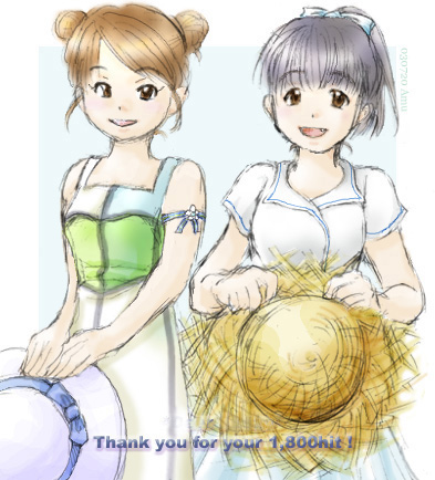 amk211, uotoyo, kago ai, tsuji nozomi, hello! project, morning musume, striped, bad id, bad pixiv id, lowres, 2girls, :d, armband, bare shoulders, bow, brown eyes, brown hair, double bun, dress, eyelashes, fang, flat chest, flower, grey hair, hair bow, hair bun, hat, holding, looking at viewer, milestone celebration, multiple girls, open mouth, parted bangs, ponytail, short hair, sketch, smile, standing, straw hat, sun hat, sundress, swept bangs, thank you