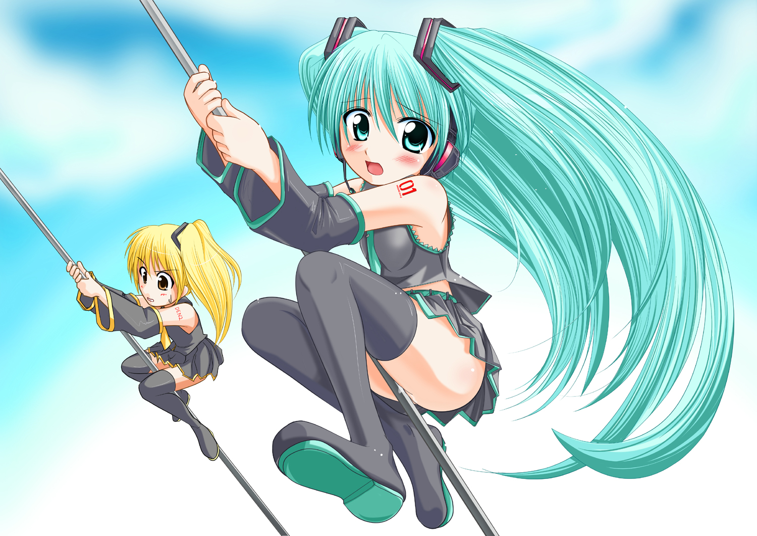 kirihane, akita neru, hatsune miku, vocaloid, 2girls, blush, detached sleeves, headset, long hair, multiple girls, pole, skirt, thighhighs, very long hair