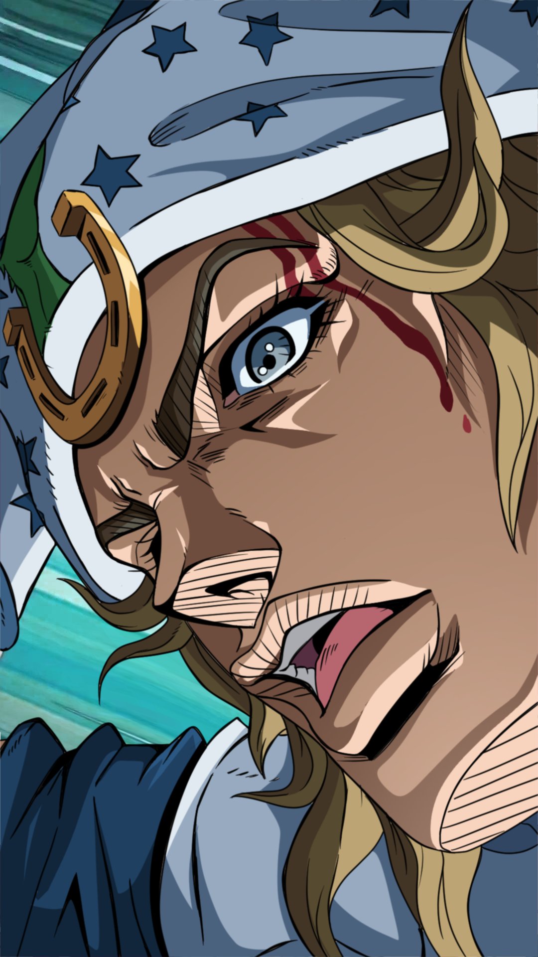 johnny joestar, jojo no kimyou na bouken, steel ball run, highres, 1boy, anime coloring, araki hirohiko (style), blonde hair, blood, blood on face, close-up, grey eyes, hat, hatching (texture), horseshoe hat ornament, horseshoe ornament, jojomelhoranim, male focus, official style, open mouth, parody, portrait, solo, star (symbol), star print, style parody, teeth, tongue, upper teeth only, white hat