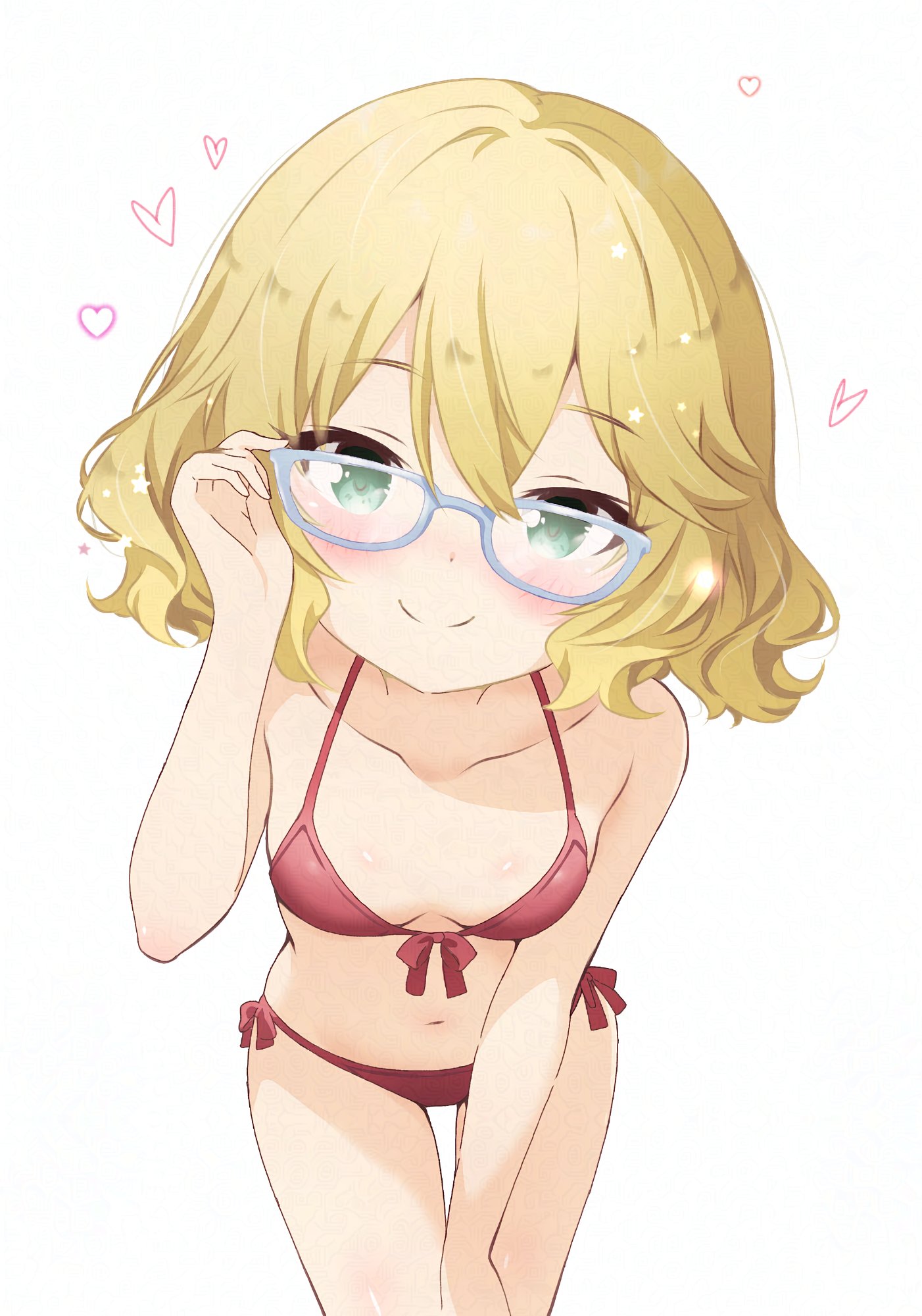 hitorilily, sakurai momoka, idolmaster, idolmaster cinderella girls, idolmaster cinderella girls u149, adversarial noise, highres, 1girl, adjusting eyewear, bare arms, bare legs, bare shoulders, bikini, blonde hair, blush, breasts, closed mouth, collarbone, glasses, green eyes, hand on eyewear, leaning forward, looking at viewer, navel, red bikini, short hair, side-tie swimsuit, simple background, small breasts, smile, solo, stomach, swimsuit, thigh gap, thighs, white background