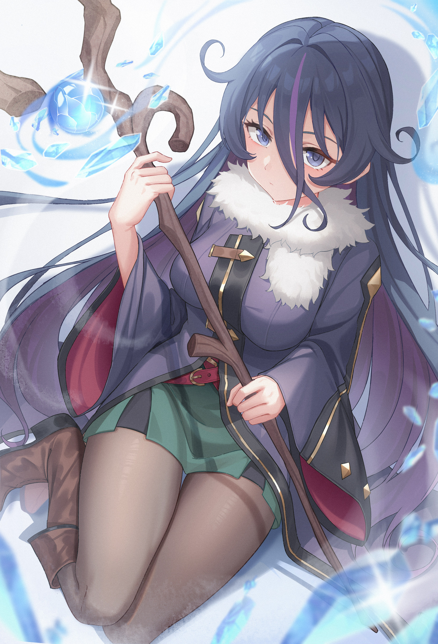 natsugou shinogi, lucia rogier, nageki no bourei wa intaishitai, absurdres, commission, highres, pixiv commission, 1girl, black eyes, black hair, boots, breasts, brown boots, brown pantyhose, closed mouth, colored inner hair, expressionless, full body, fur trim, green skirt, holding, holding staff, ice crystal, large breasts, long bangs, long hair, long sleeves, multicolored hair, pantyhose, purple hair, purple robe, purple streaks, robe, sitting, skirt, solo, staff, streaked hair, very long hair, wide sleeves, yokozuwari