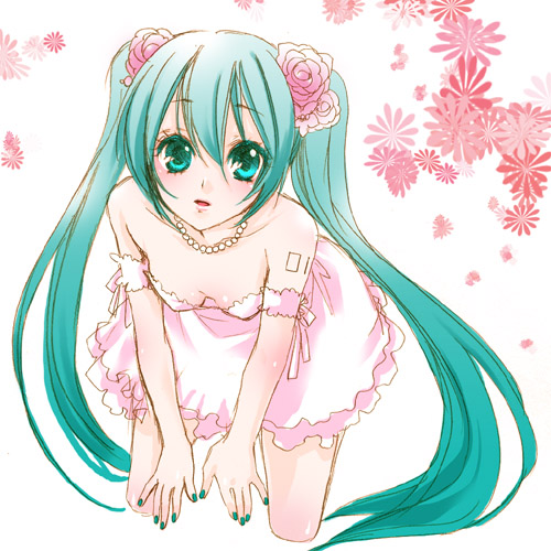 kagami you, you84, hatsune miku, vocaloid, bad id, bad pixiv id, lowres, 1girl, aqua eyes, aqua hair, dress, female focus, flower, from above, jewelry, long hair, nail polish, necklace, solo, twintails, very long hair