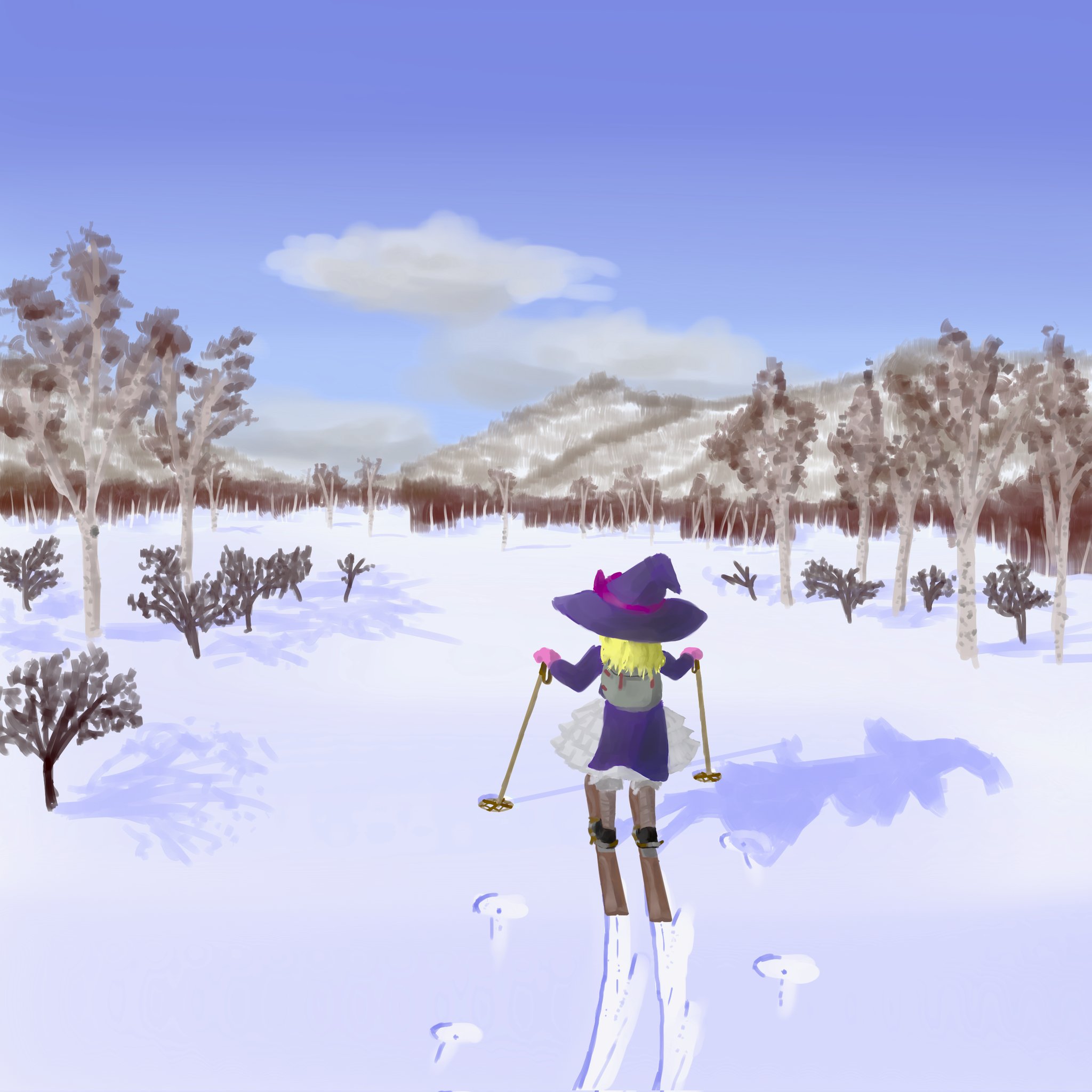 miikkadd, kirisame marisa, touhou, highres, 1girl, blonde hair, blue sky, cloud, day, forest, holding, holding ski pole, long hair, mountainous horizon, nature, ski pole, skiing, skis, sky, snow, solo, tree
