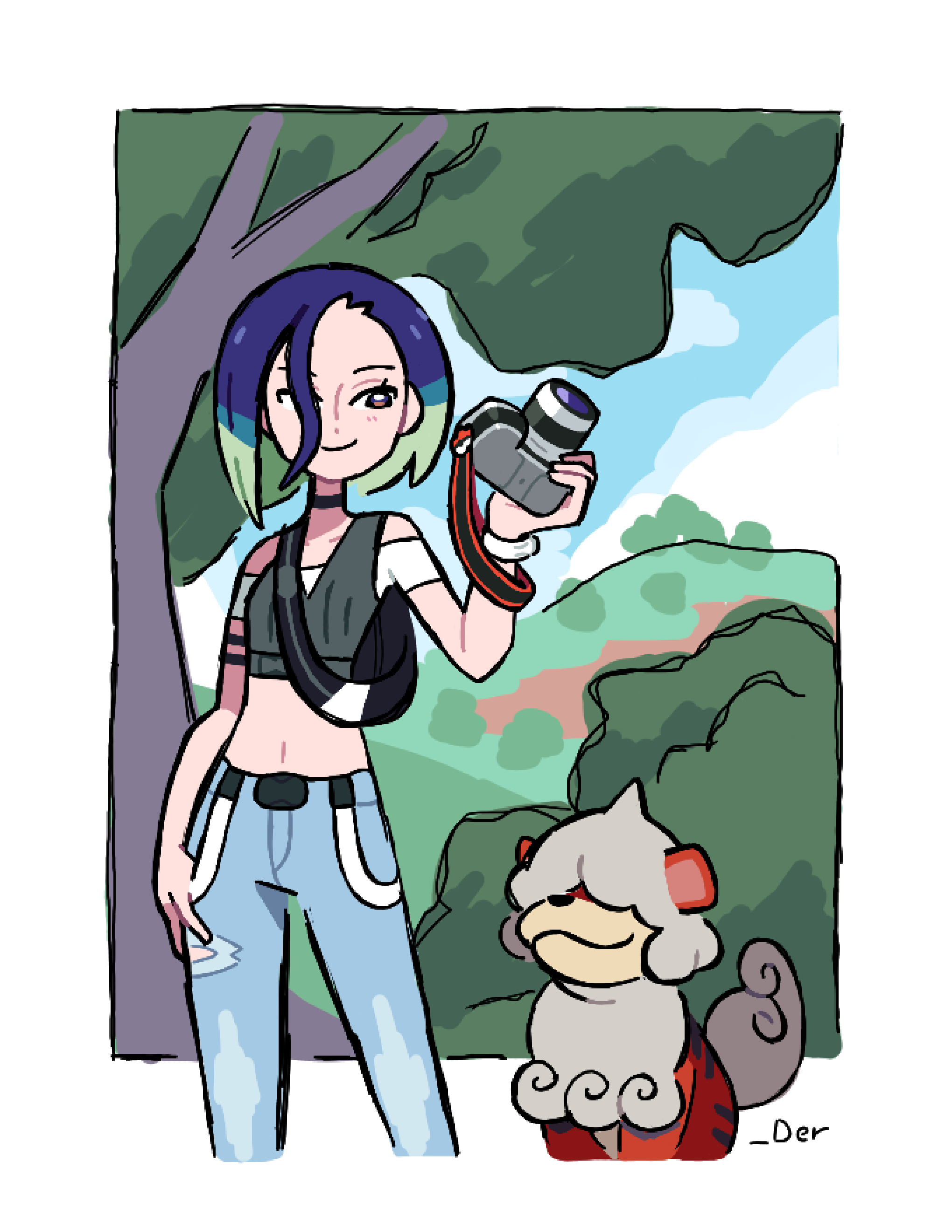 hisuian growlithe, perrin (pokemon), nintendo, pokemon, pokemon sv, absurdres, commentary, english commentary, highres, 1girl, artist name, blue hair, blue pants, camera, closed mouth, crop top, ddder, green hair, hair over one eye, holding, holding camera, midriff, multicolored hair, navel, pants, pokemon (creature), short hair, smile