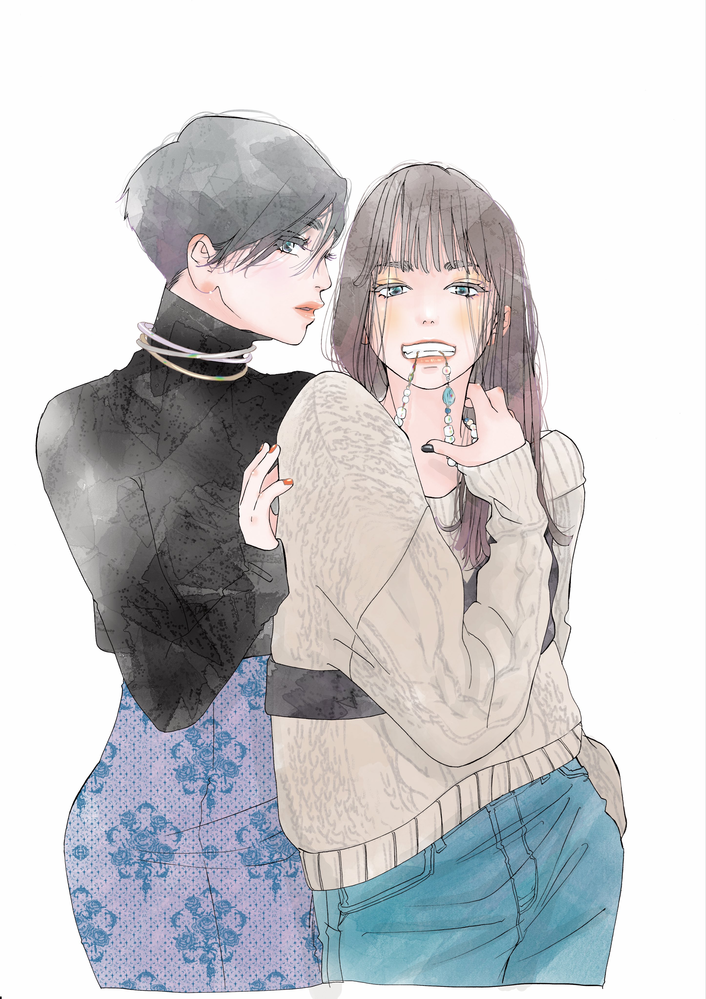 uozumi ami, absurdres, highres, 2girls, black hair, denim, jeans, jewelry, long hair, multiple girls, neck ring, necklace, necklace in mouth, pants, pencil skirt, short hair, simple background, skirt, sweater, teeth, tsumetakute yawaraka