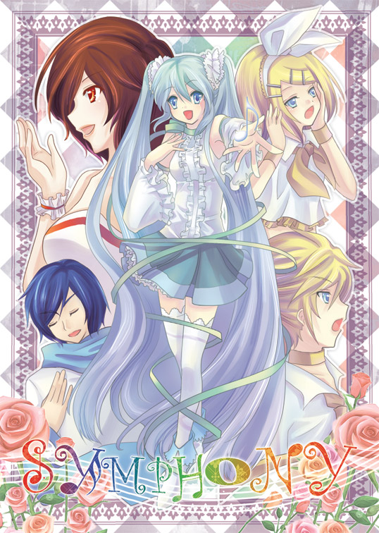 momoko (momoko14), momoko (pixiv), hatsune miku, kagamine len, kagamine rin, kaito (vocaloid), meiko (vocaloid), vocaloid, bad id, bad pixiv id, 2boys, 3girls, flower, frills, multiple boys, multiple girls, outstretched arm, outstretched hand, reaching, rose, skirt, thighhighs, twintails