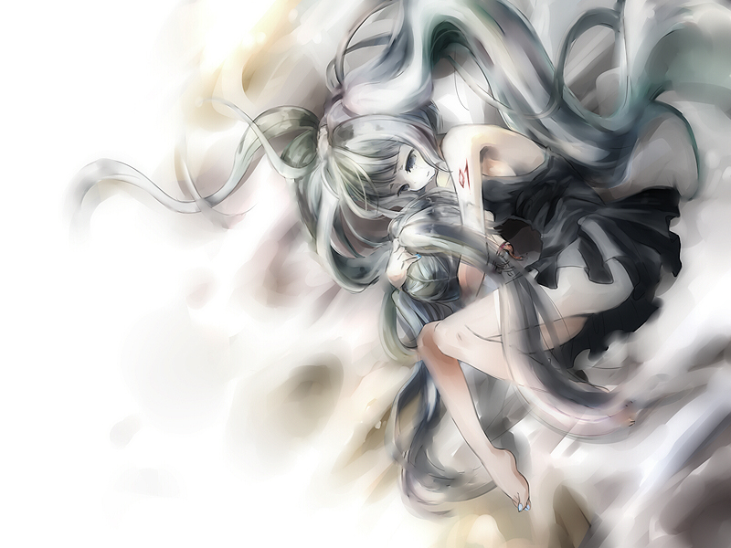 komeko meko (mecolate), hatsune miku, vocaloid, bad id, bad pixiv id, decapitation, dress, long hair, lying, severed head, solo, twintails, very long hair